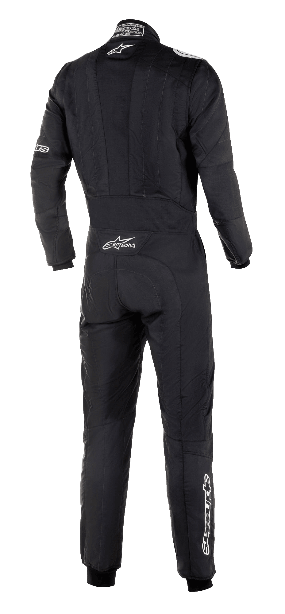 Alpinestars GP Tech V3 Pak FIA, achteraanzicht van zwart autoracepak, wit Alpinestars-logo en GP Tech V3-branding op de onderrug, professionele motorsportuitrusting met zichtbare stretchpanelen en atletische pasvorm
