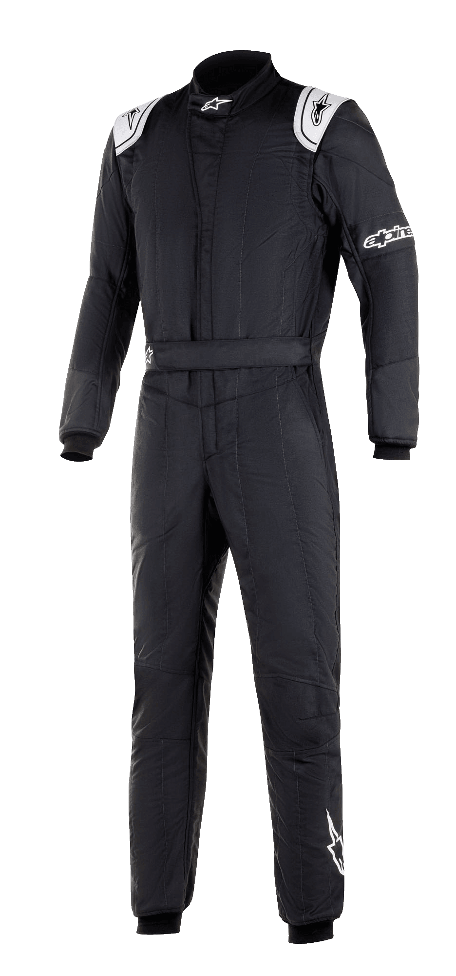 Alpinestars GP Tech V3 Suit FIA, zwart autoracepak, voorzien van witte schouderpanelen met logo's, hoge kraag en Alpinestars-branding op de mouw en het been, professionele motorsportuitrusting met een technisch ontwerp met panelen