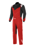 Alpinestars Kart Indoor Suit, Karting Racing Suit, Red and Black with White Accents, black sleeves and upper chest panels, red torso and legs, featuring an asymmetric front opening and adjustable waist belt