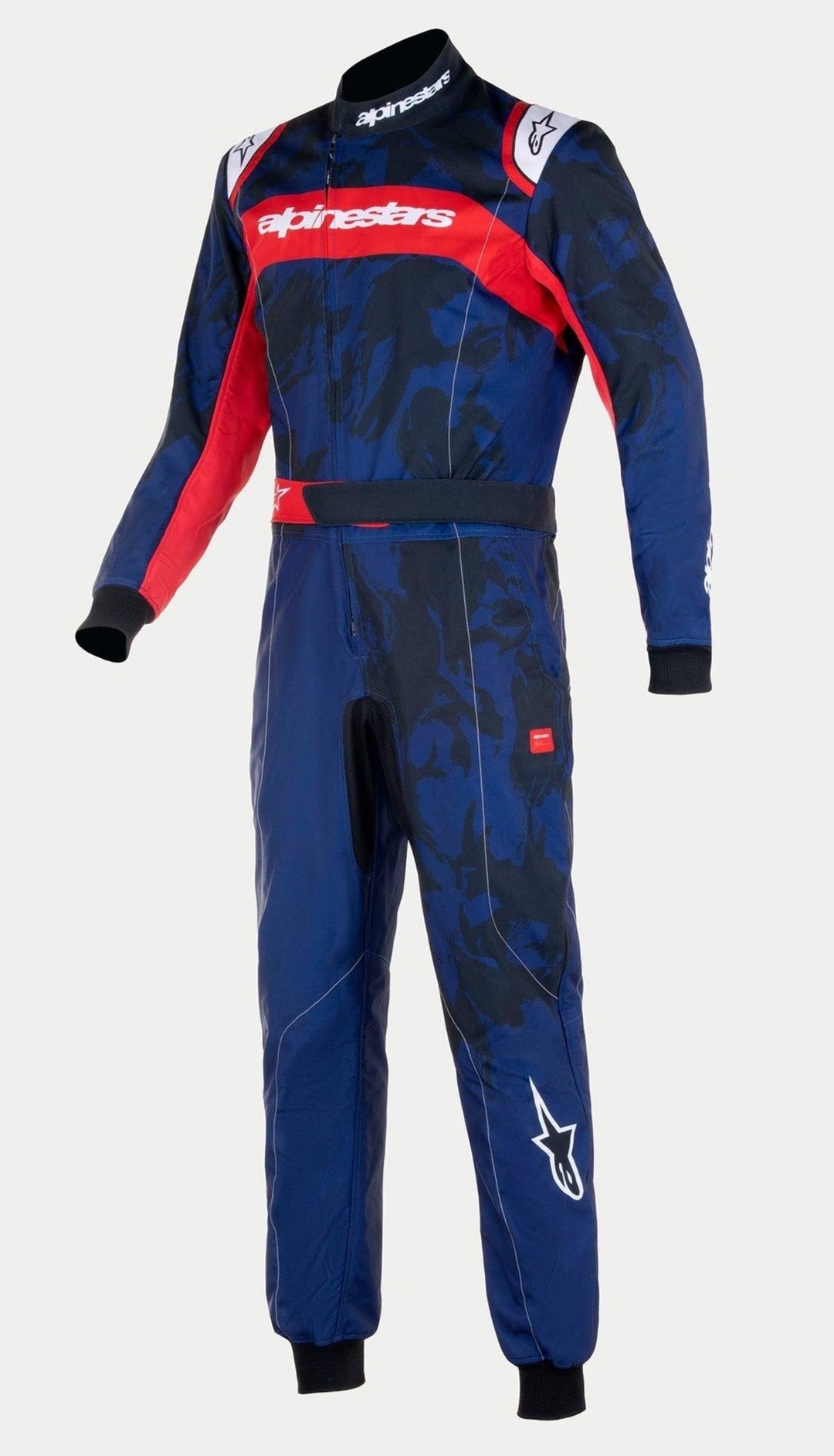 Alpinestars Youth KMX-9 V3 Graphic 5 Suit, Karting Suit, Navy and Red, featuring a dark blue abstract graphic pattern, red chest panel with white branding, black ribbed cuffs and collar, professional one-piece racing design
