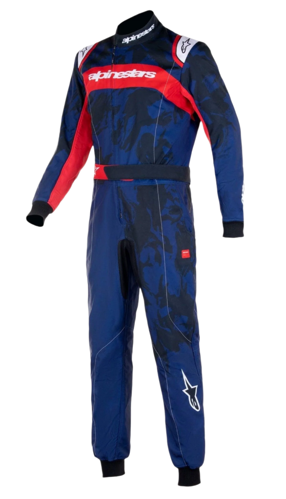 Alpinestars Youth KMX-9 V3 Suit Graphic 5, Karting Suit, Navy Blue and Red, featuring a camo-inspired graphic pattern, red chest stripe with white Alpinestars branding, and black knitted cuffs