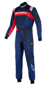 Alpinestars Youth KMX-9 V3 Suit Graphic 5, Karting Suit, Navy Blue and Red, featuring a camo-inspired graphic pattern, red chest stripe with white Alpinestars branding, and black knitted cuffs