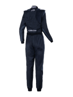 Alpinestars Stella GP Pro Comp V2 damespak - FIA, achteraanzicht, zwart asfalt en wit, met witte Stella- en Alpinestars-logo's, professioneel autoracepak met schouderepauletten en anatomische panelen voor dames