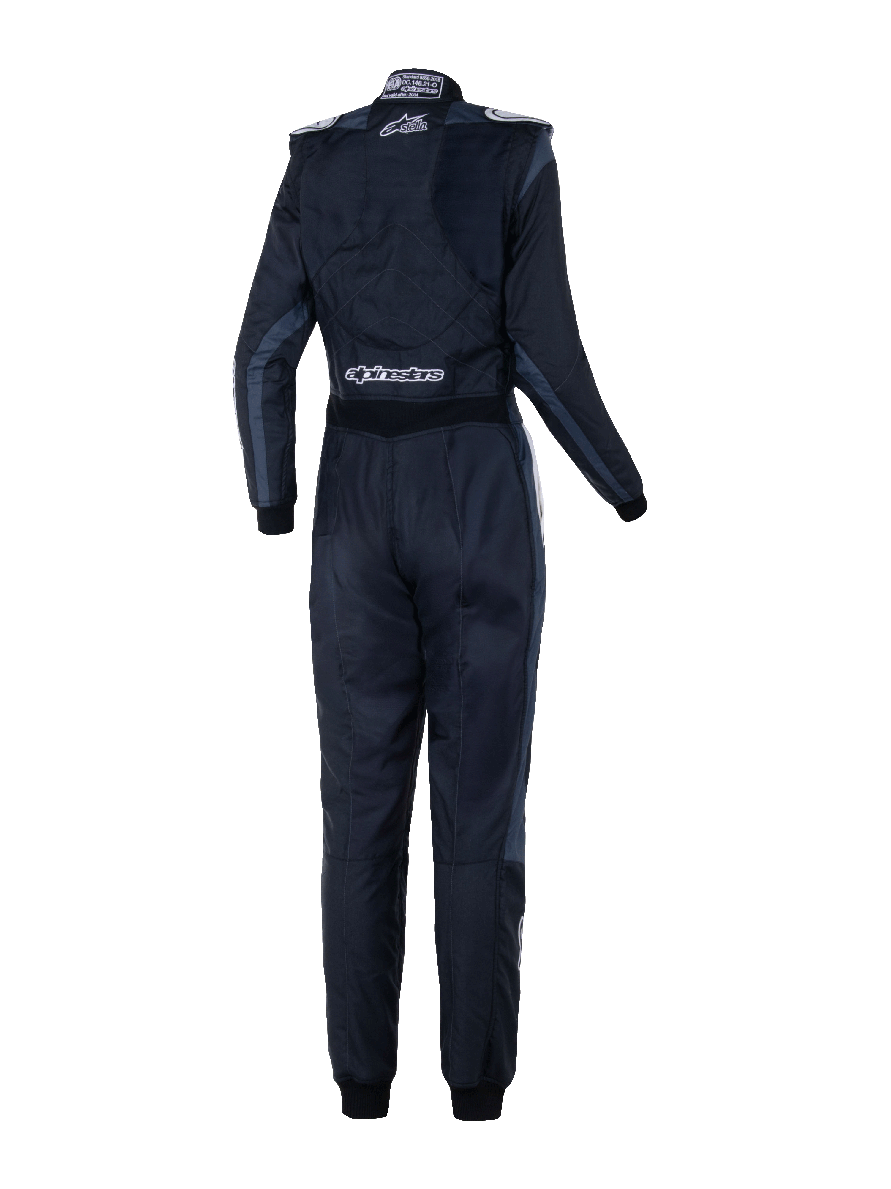 Alpinestars Stella GP Pro Comp V2 damespak - FIA, achteraanzicht, zwart asfalt en wit, met witte Stella- en Alpinestars-logo's, professioneel autoracepak met schouderepauletten en anatomische panelen voor dames