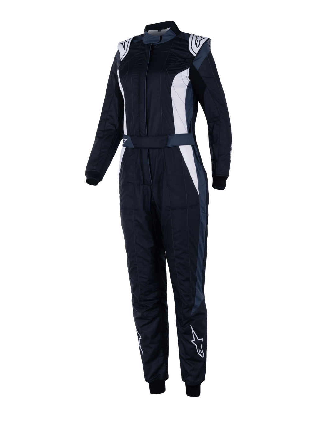 Alpinestars Stella GP Pro Comp V2 racepak, dames FIA-autoracingpak, zwart met witte en grijze panelen, lange mouwen met hoge kraag, witte logo's op schouders en schenen, verstelbare tailleband en elastische boorden, aerodynamisch ontwerp voor professionele autosport