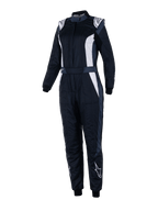 Alpinestars Stella GP Pro Comp V2 racepak, dames FIA-autoracingpak, zwart met witte en grijze panelen, lange mouwen met hoge kraag, witte logo's op schouders en schenen, verstelbare tailleband en elastische boorden, aerodynamisch ontwerp voor professionele autosport