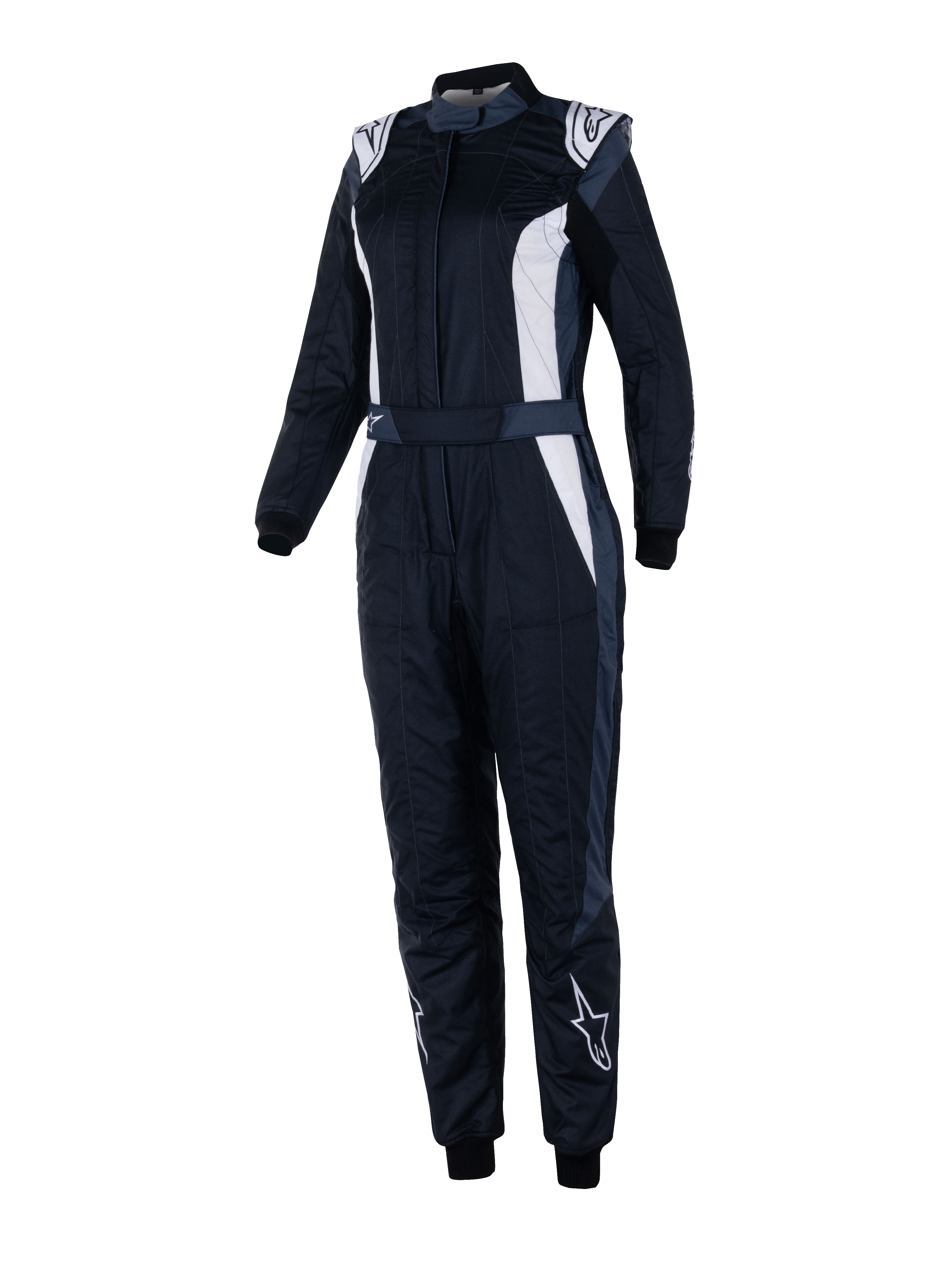 Alpinestars Stella GP Pro Comp V2 racepak, dames FIA-autoracingpak, zwart met witte en grijze panelen, lange mouwen met hoge kraag, witte logo's op schouders en schenen, verstelbare tailleband en elastische boorden, aerodynamisch ontwerp voor professionele autosport