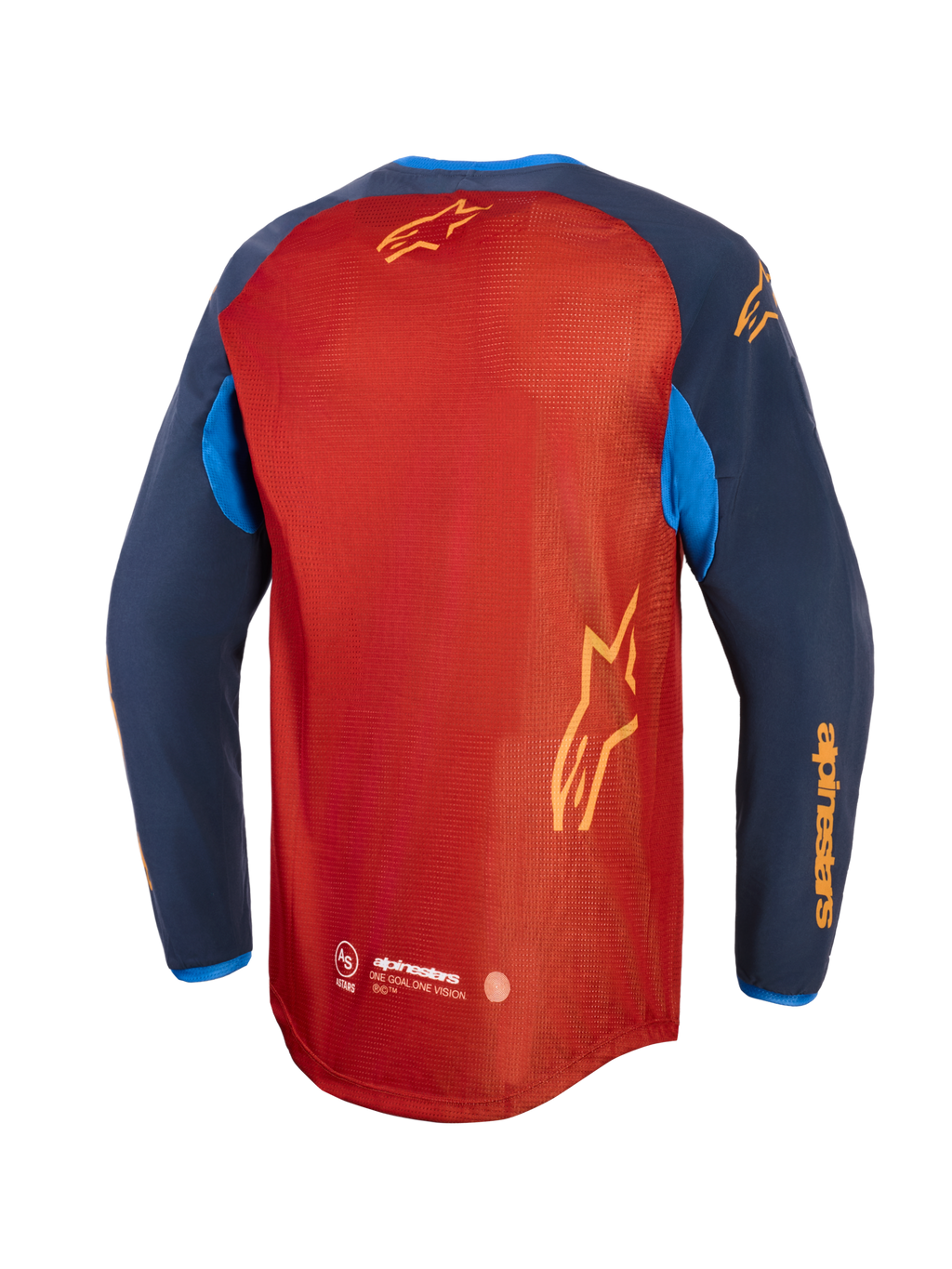 Alpinestars Maxdura Dual Jersey, adventure motorjersey, Rust Brown en Mood Indigo met felblauwe accenten, achteraanzicht met volledig mesh-torso, verlaagde achterzoom en gele Alpinestars-branding op de mouwen en achterkant