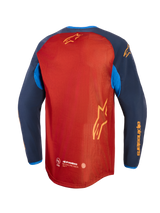 Alpinestars Maxdura Dual Jersey, Adventure Motorcycle Jersey, Rust Brown and Mood Indigo with Bright Blue accents, back view showing full mesh torso, dropped rear hem, and yellow Alpinestars branding on sleeves and back