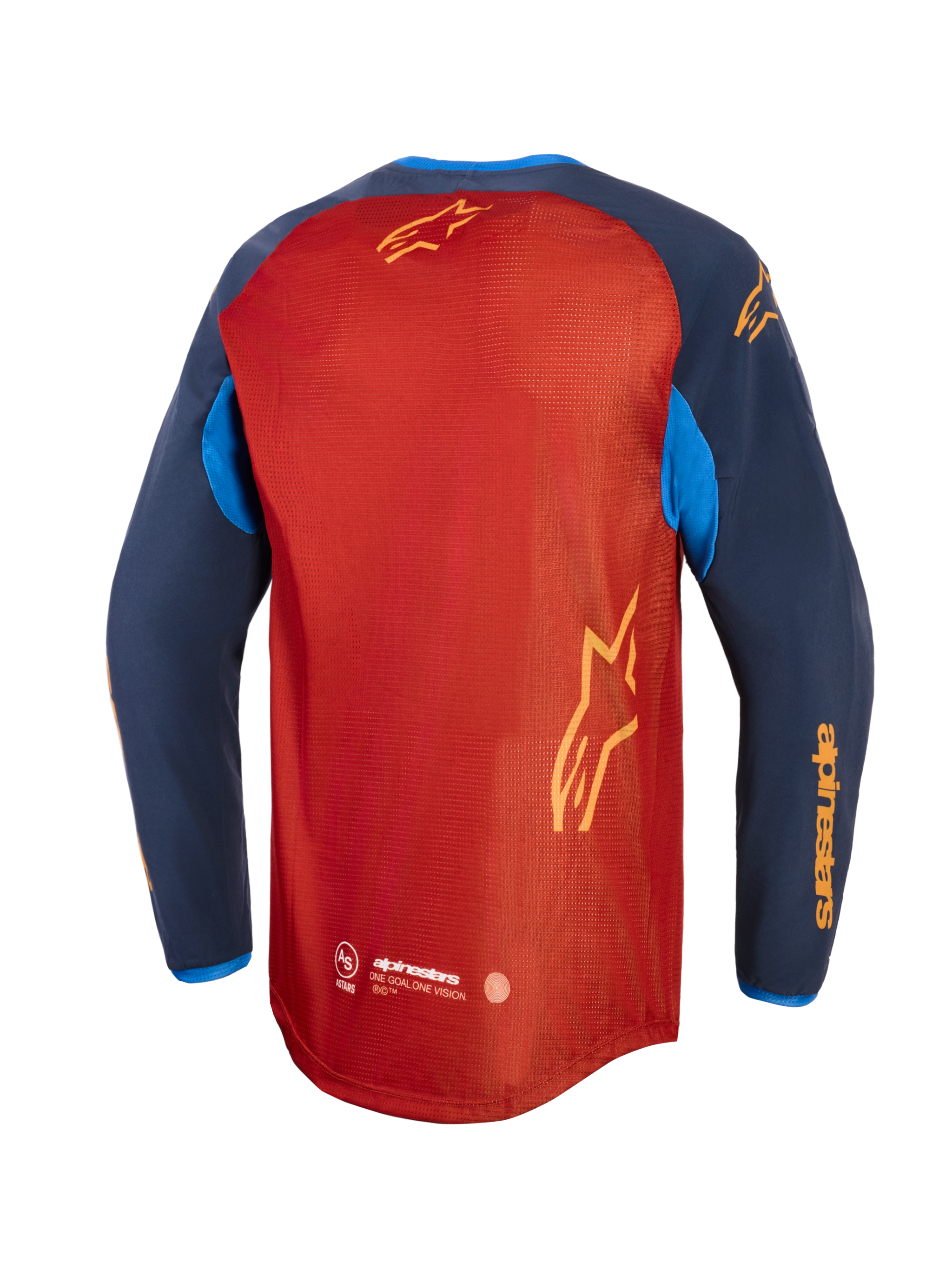Alpinestars Maxdura Dual Jersey, Adventure Motorcycle Jersey, Rust Brown and Mood Indigo with Bright Blue accents, back view showing full mesh torso, dropped rear hem, and yellow Alpinestars branding on sleeves and back