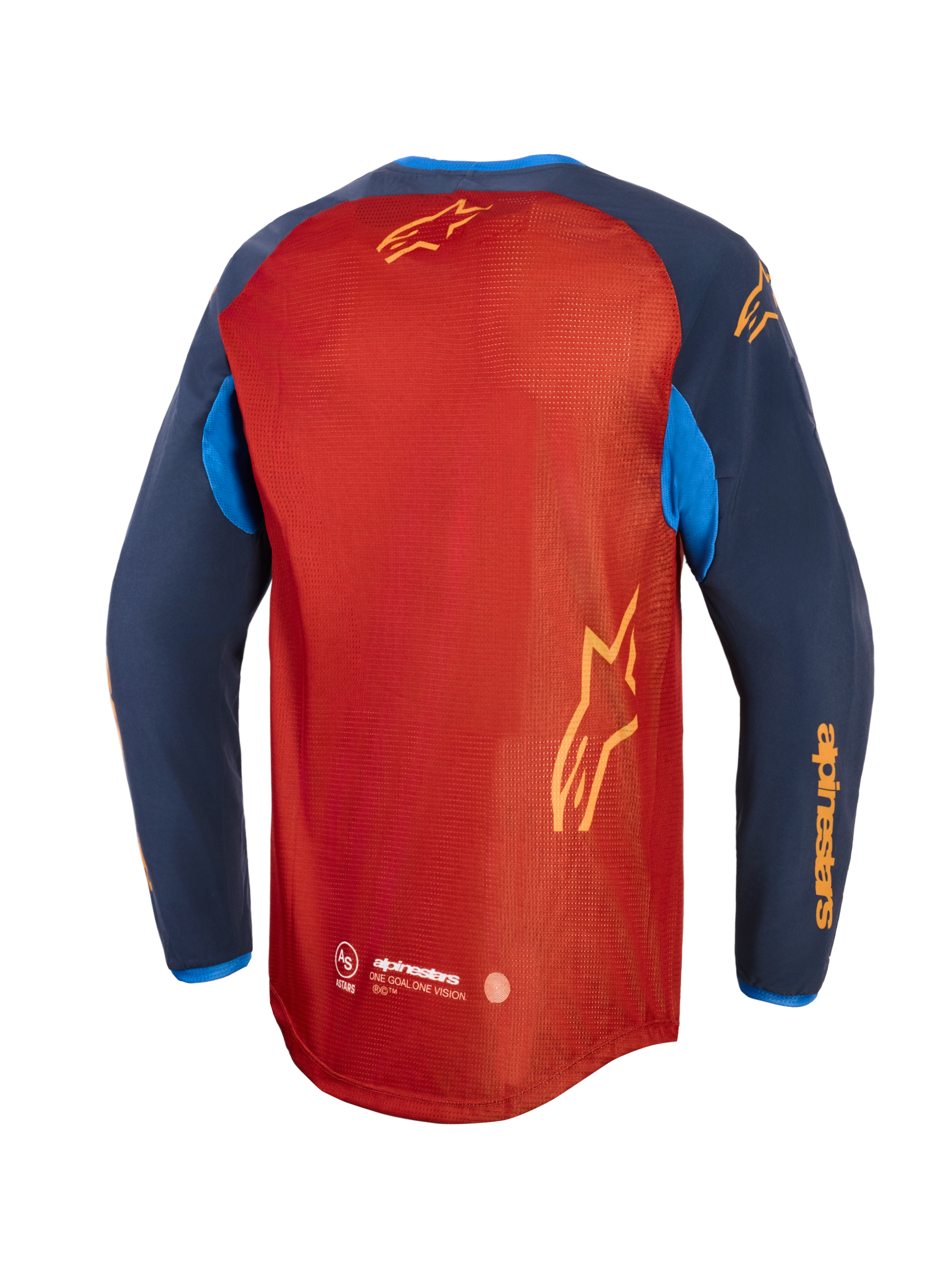 Alpinestars Maxdura Dual Jersey, adventure motorjersey, Rust Brown en Mood Indigo met felblauwe accenten, achteraanzicht met volledig mesh-torso, verlaagde achterzoom en gele Alpinestars-branding op de mouwen en achterkant