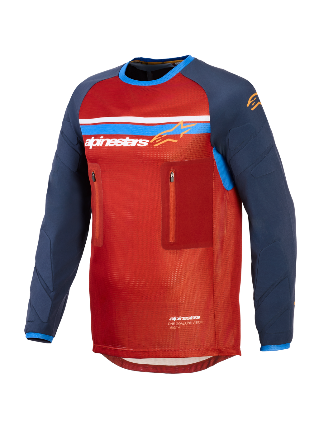 Alpinestars Maxdura Dual Jersey, rood en donkerblauw, technische adventure motorjersey met een mesh-torso, twee borstzakken met ritssluiting, Alpinestars-logo met blauwe en witte strepen en lange slijtvaste mouwen.