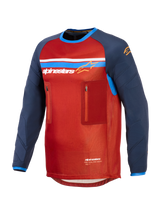 Alpinestars Maxdura Dual Jersey, Red and Dark Blue, technical adventure motorcycle jersey featuring a mesh torso, two zippered chest pockets, Alpinestars logo with blue and white stripes, and long abrasion-resistant sleeves.