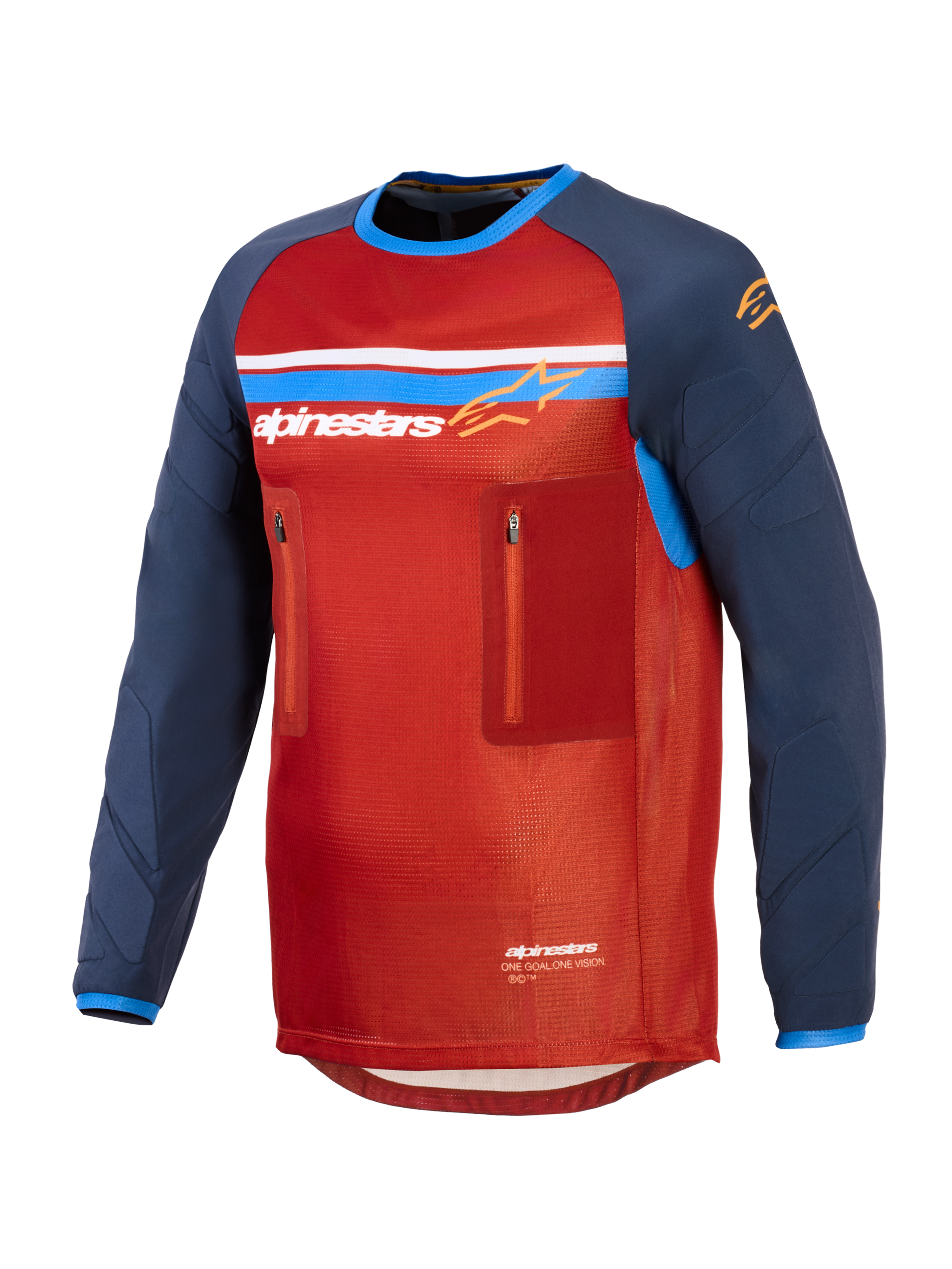 Alpinestars Maxdura Dual Jersey, Red and Dark Blue, technical adventure motorcycle jersey featuring a mesh torso, two zippered chest pockets, Alpinestars logo with blue and white stripes, and long abrasion-resistant sleeves.