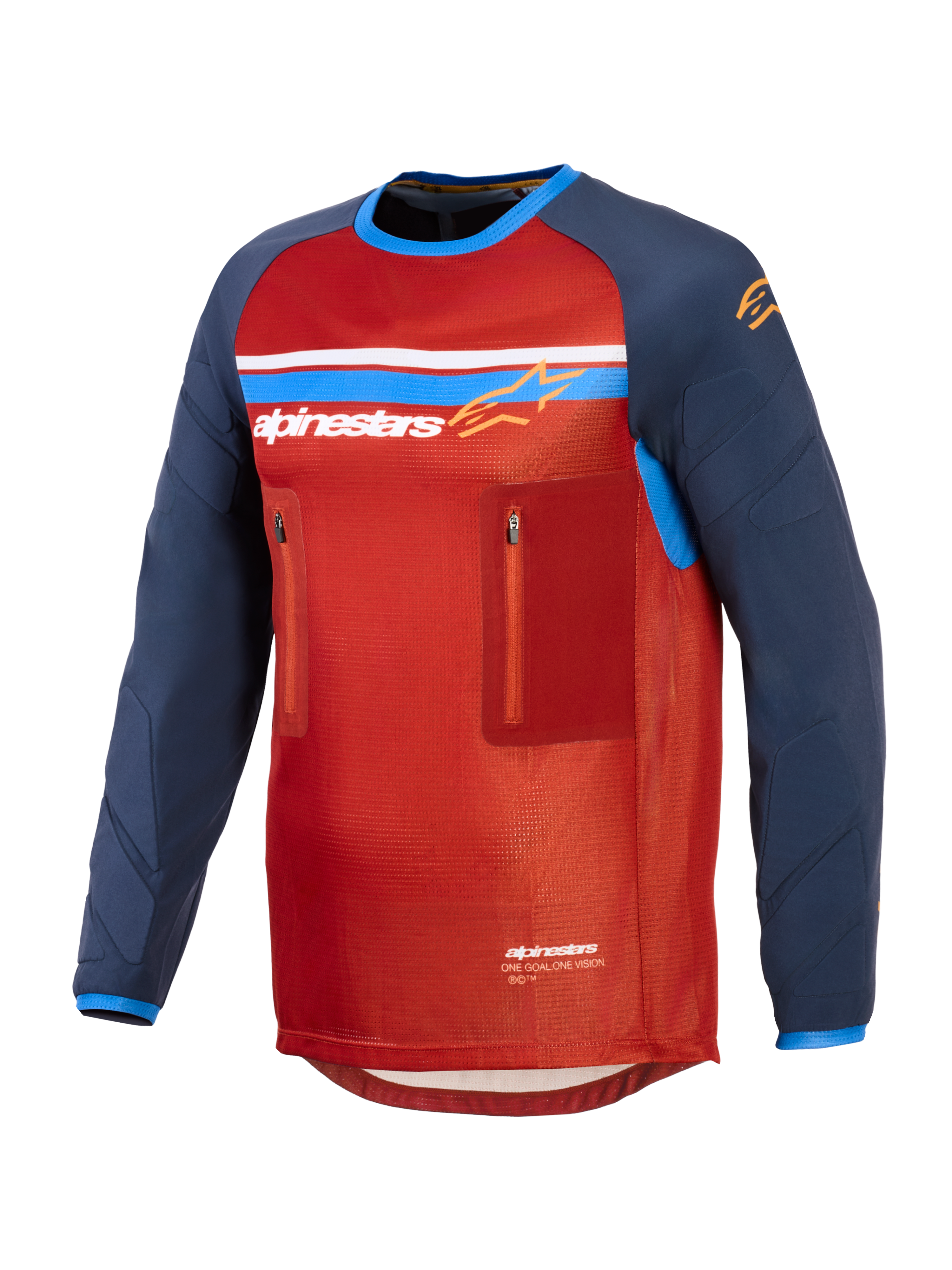 Alpinestars Maxdura Dual Jersey, rood en donkerblauw, technische adventure motorjersey met een mesh-torso, twee borstzakken met ritssluiting, Alpinestars-logo met blauwe en witte strepen en lange slijtvaste mouwen.