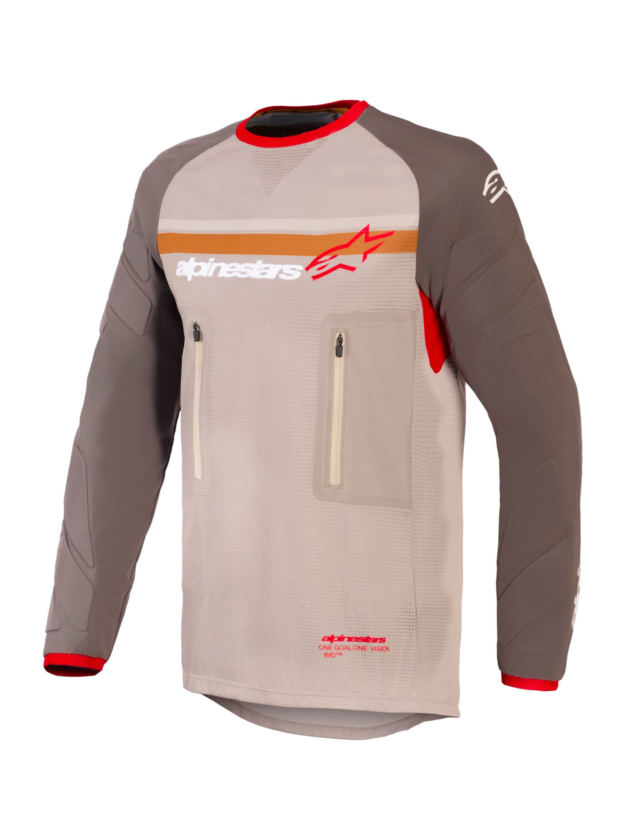 Alpinestars Maxdura Dual Jersey, adventure- en dual-sport motorjersey, Aluminum Walnut en bruin, mesh torso met slijtvaste mouwen, dubbele borstzakken met rits, oranje streep en Alpinestars-logo op de borst, rode afwerking aan de kraag en manchetten