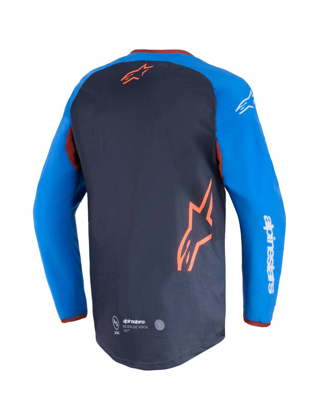 Alpinestars Maxdura Dual Jersey, motorfietstrui, donkergrijs en koningsblauw, achteraanzicht met mesh torso-paneel en oranje ster-logo, koningsblauwe mouwen met witte Alpinestars tekst, verlengde achterzoom voor off-road prestaties