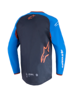 Alpinestars Maxdura Dual Jersey, motorfietstrui, donkergrijs en koningsblauw, achteraanzicht met mesh torso-paneel en oranje ster-logo, koningsblauwe mouwen met witte Alpinestars tekst, verlengde achterzoom voor off-road prestaties