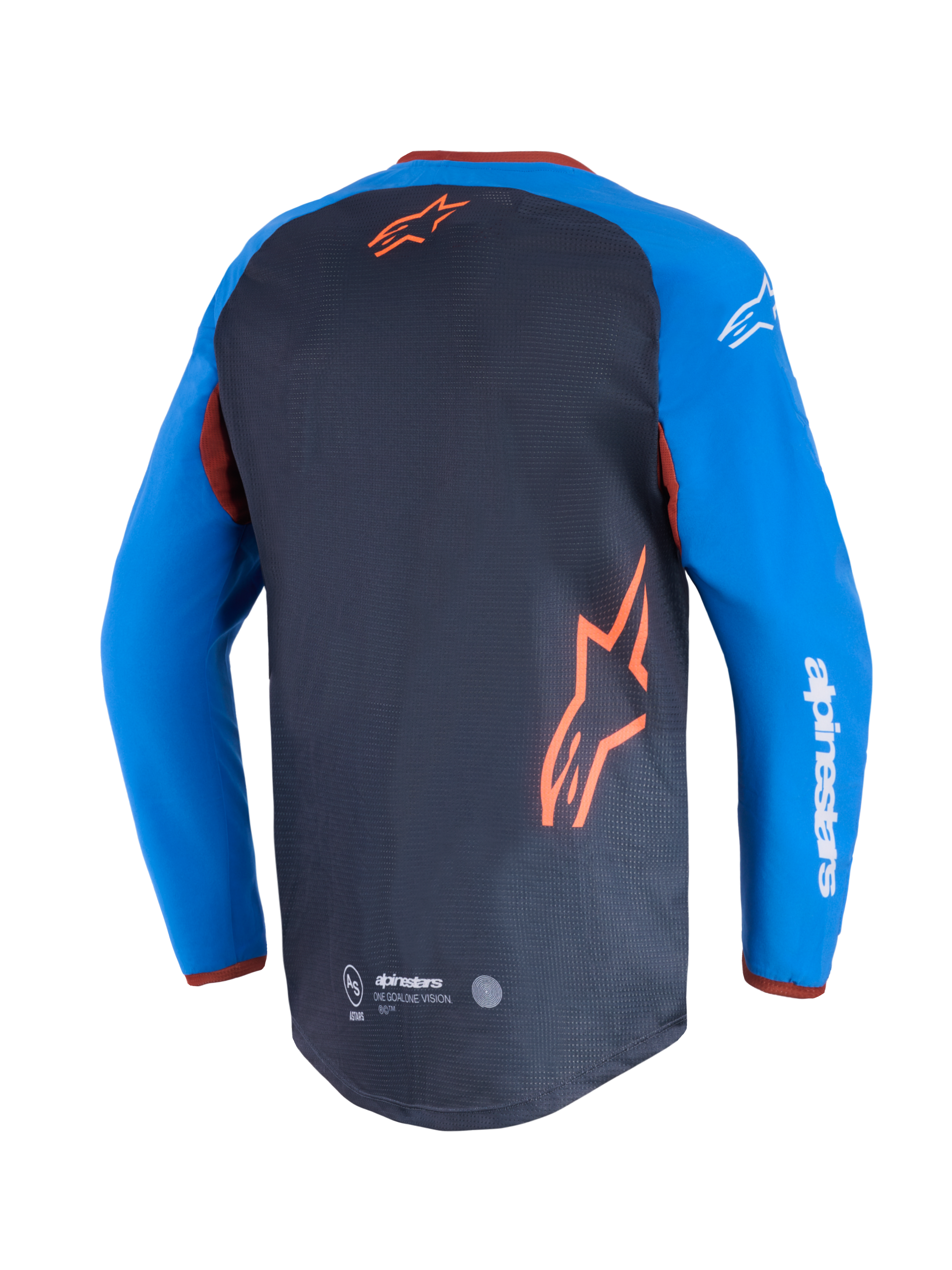Alpinestars Maxdura Dual Jersey, motorfietstrui, donkergrijs en koningsblauw, achteraanzicht met mesh torso-paneel en oranje ster-logo, koningsblauwe mouwen met witte Alpinestars tekst, verlengde achterzoom voor off-road prestaties
