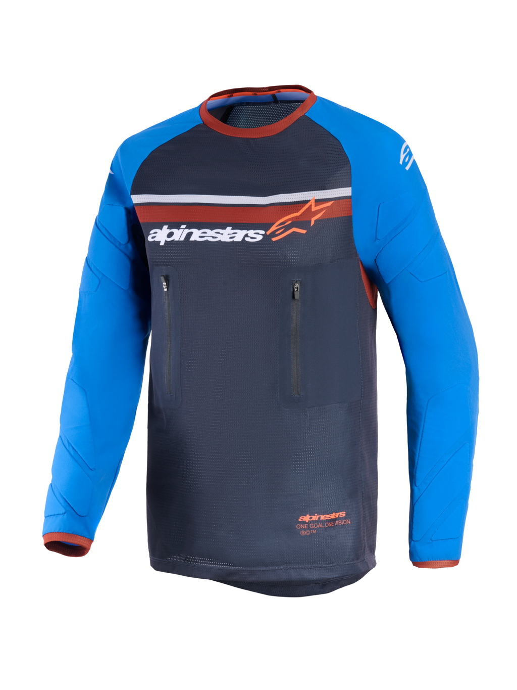 Alpinestars Maxdura Dual Jersey, donkergrijs en koningsblauw, dual-sport motorjersey met volledig mesh torso, slijtvaste lange mouwen met verstevigingspatronen, oranje accenten en dubbele verticale borstzakken met ritssluiting