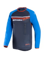 Alpinestars Maxdura Dual Jersey, donkergrijs en koningsblauw, dual-sport motorjersey met volledig mesh torso, slijtvaste lange mouwen met verstevigingspatronen, oranje accenten en dubbele verticale borstzakken met ritssluiting