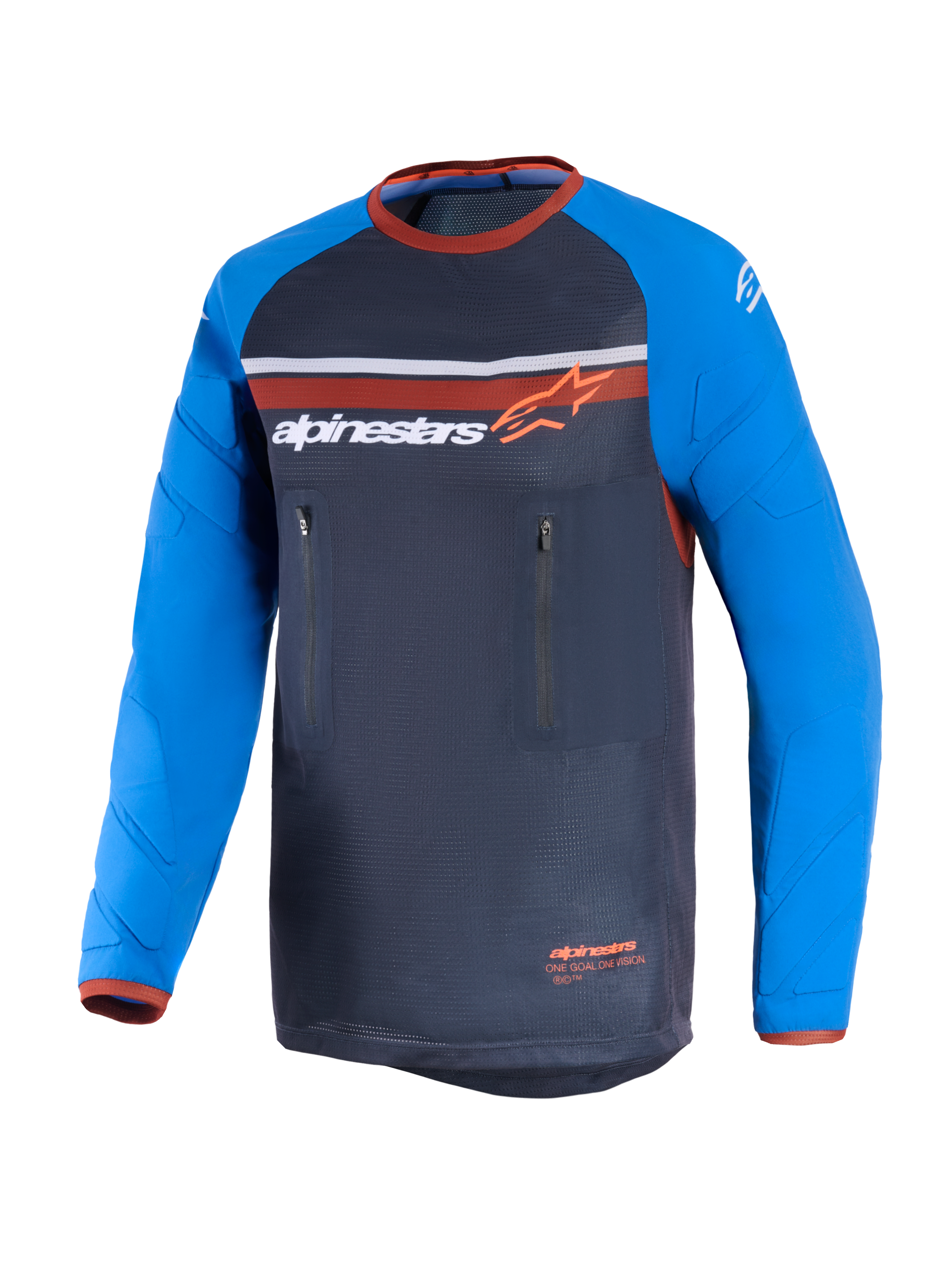 Alpinestars Maxdura Dual Jersey, donkergrijs en koningsblauw, dual-sport motorjersey met volledig mesh torso, slijtvaste lange mouwen met verstevigingspatronen, oranje accenten en dubbele verticale borstzakken met ritssluiting