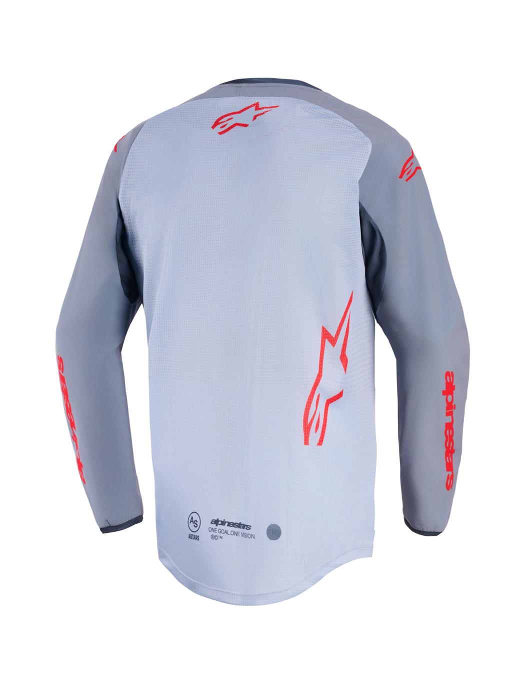 Alpinestars Maxdura Dual Jersey, achteraanzicht, midden grijs en donkergrijs, met rode Alpinestars-logo's op de rug en mouwen, mesh torso-constructie en verlengde drop-tail zoom.