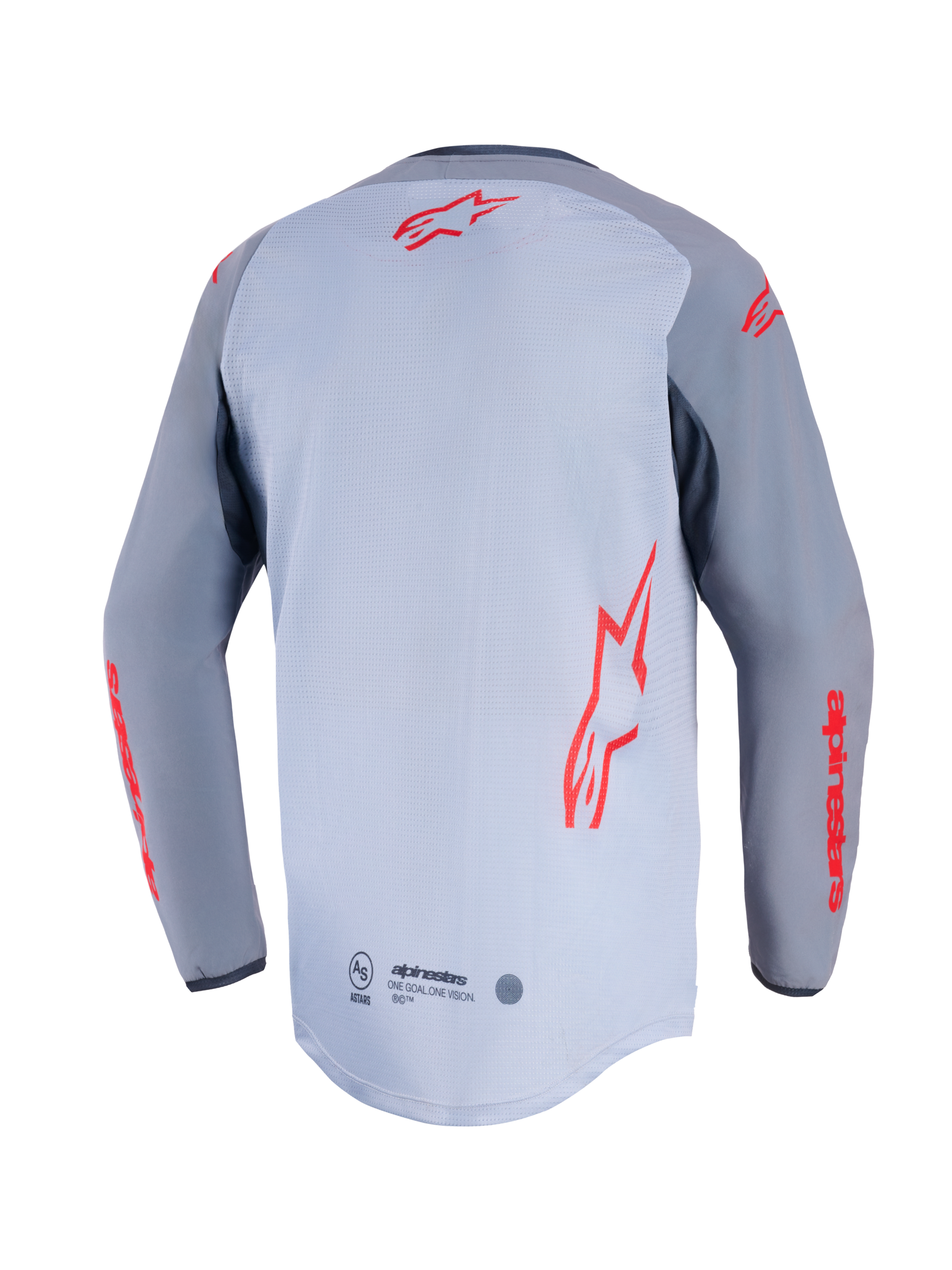 Alpinestars Maxdura Dual Jersey, Rear View, Mid Gray and Dark Gray, featuring red Alpinestars logos on the back and sleeves, mesh torso construction, and extended drop-tail hem.