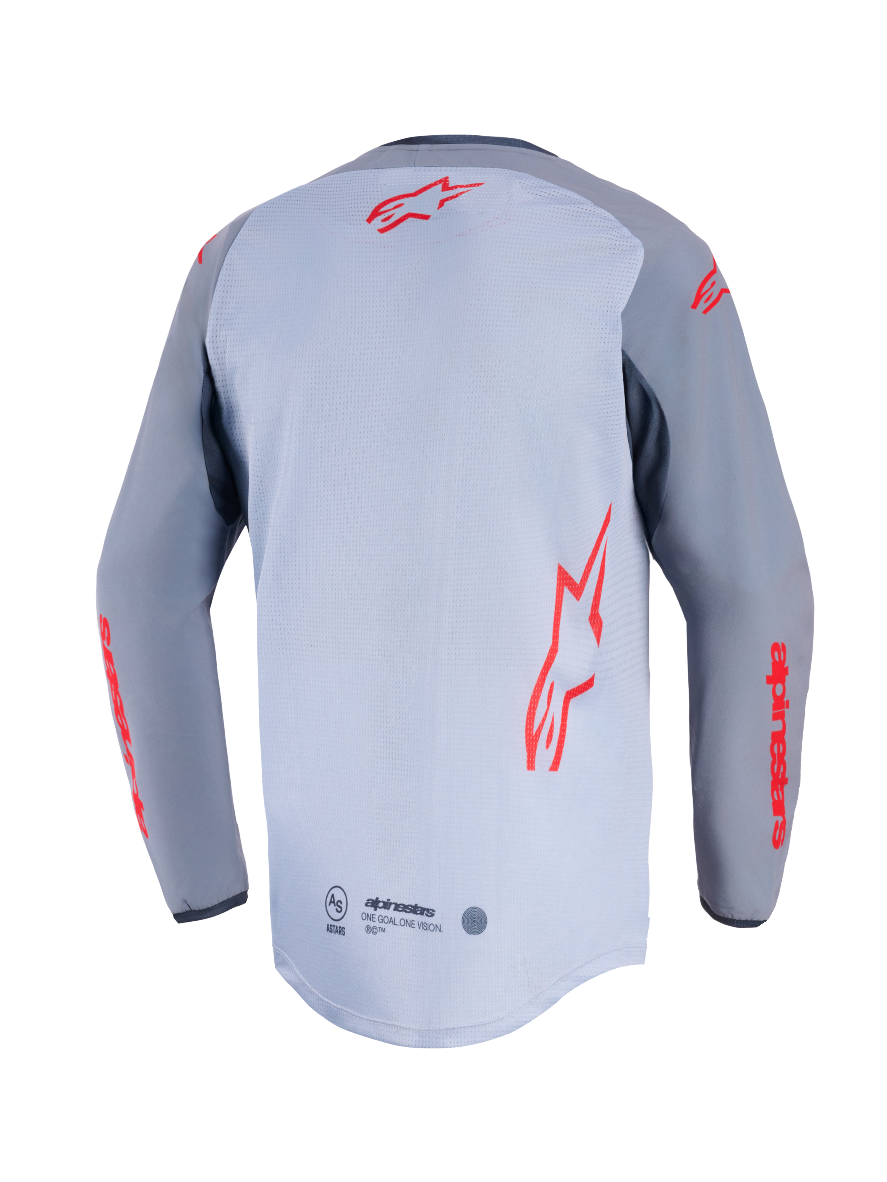 Alpinestars Maxdura Dual Jersey, achteraanzicht, midden grijs en donkergrijs, met rode Alpinestars-logo's op de rug en mouwen, mesh torso-constructie en verlengde drop-tail zoom.