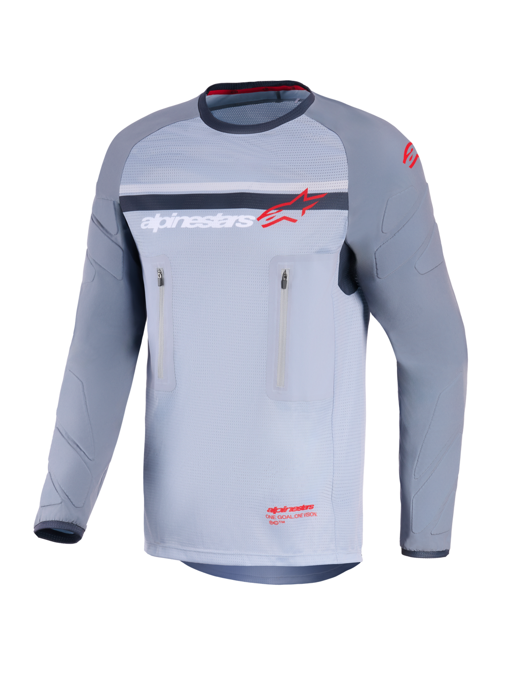 Alpinestars Maxdura Dual Jersey, adventure motorjersey, midden- en donkergrijs, vooraanzicht met verticale borstzakken met ritssluiting, slijtvaste mouwen met geïntegreerde padding en Alpinestars-branding in rood en wit, performance kleding voor off-road rijden