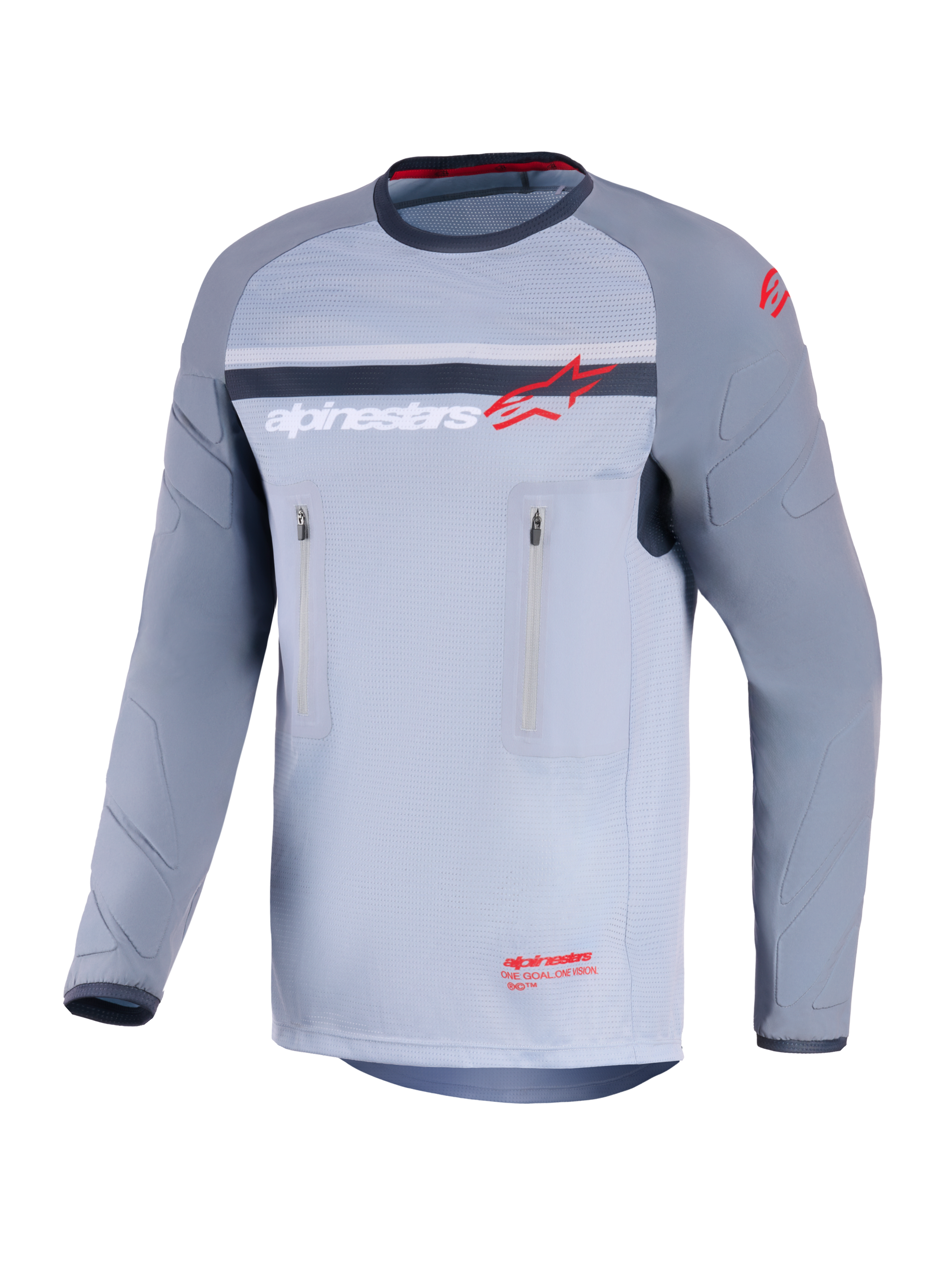 Alpinestars Maxdura Dual Jersey, adventure motorjersey, midden- en donkergrijs, vooraanzicht met verticale borstzakken met ritssluiting, slijtvaste mouwen met geïntegreerde padding en Alpinestars-branding in rood en wit, performance kleding voor off-road rijden