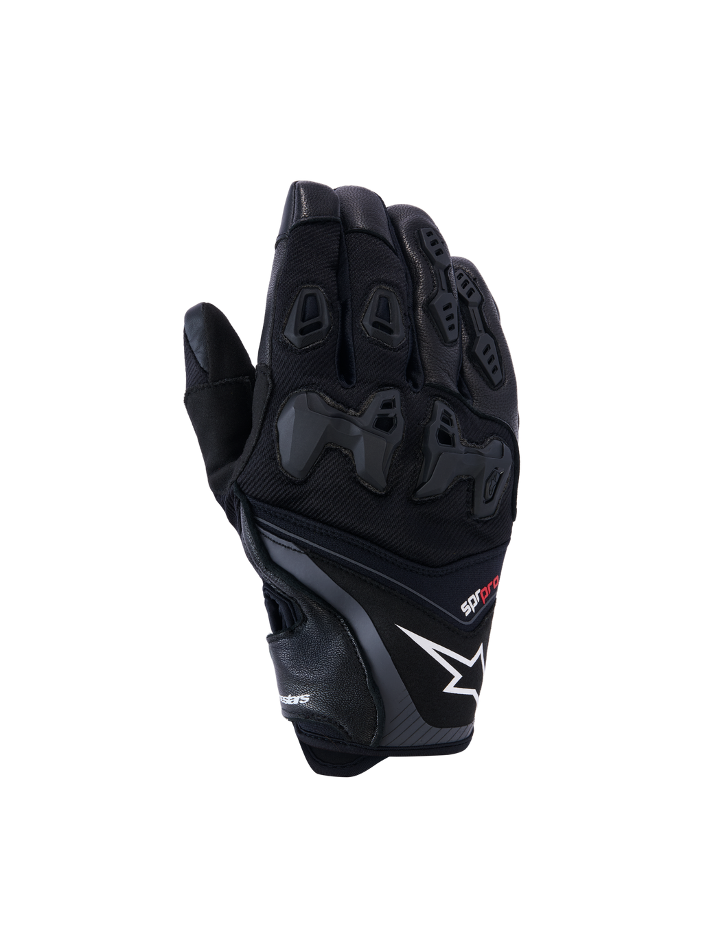 Alpinestars SP-R Pro handschoenen, zwarte motorracehandschoenen met een wit sterlogo en rode pro-tekst, verdeelde TPU-knokkelbescherming en verstevigde vingerpanelen, hoogwaardige leer- en textielconstructie voor sportief rijden