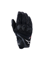 Alpinestars SP-R Pro handschoenen, zwarte motorracehandschoenen met een wit sterlogo en rode pro-tekst, verdeelde TPU-knokkelbescherming en verstevigde vingerpanelen, hoogwaardige leer- en textielconstructie voor sportief rijden