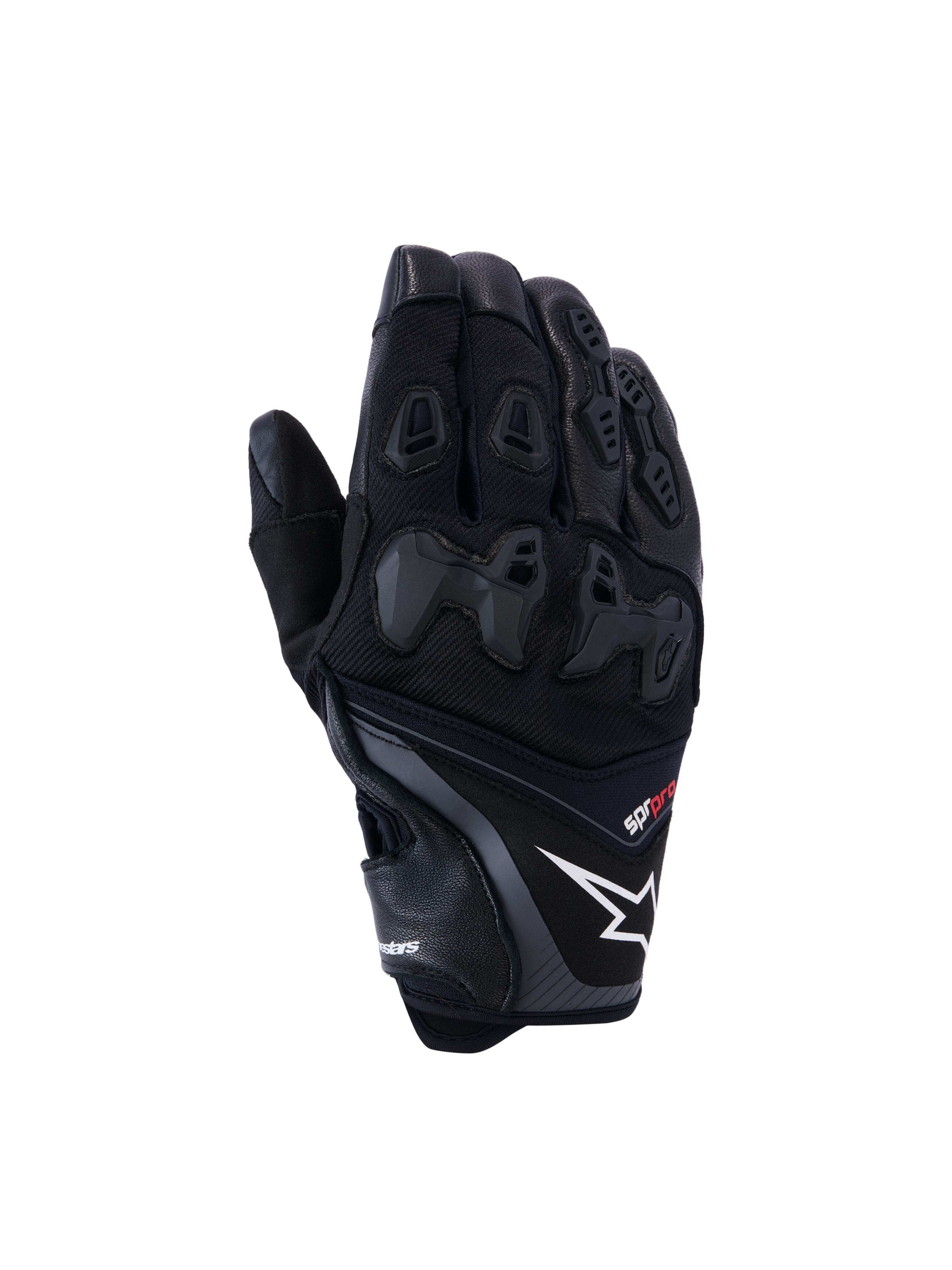 Alpinestars SP-R Pro handschoenen, zwarte motorracehandschoenen met een wit sterlogo en rode pro-tekst, verdeelde TPU-knokkelbescherming en verstevigde vingerpanelen, hoogwaardige leer- en textielconstructie voor sportief rijden
