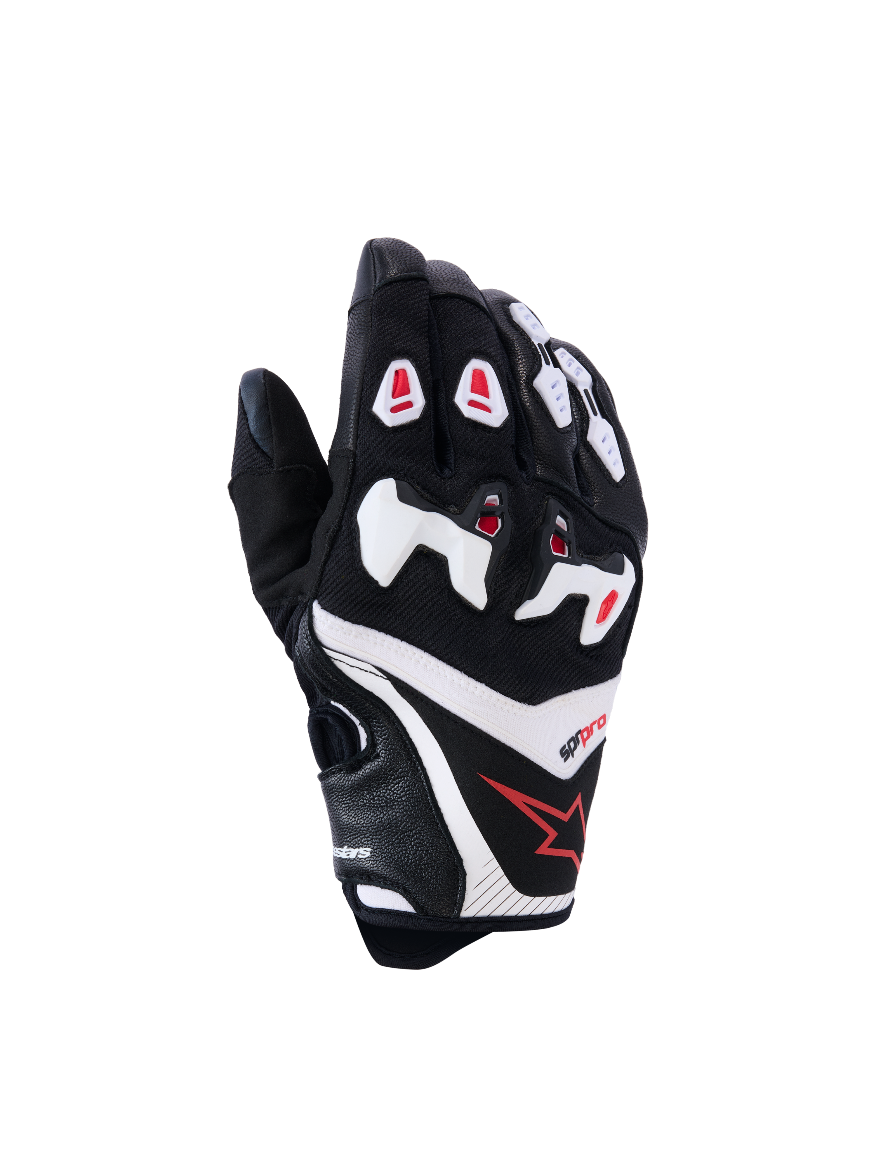 Alpinestars SP-R Pro handschoenen, motorracehandschoenen, zwart met witte en rode accenten, aanzicht handrug met gedeelde TPU-knokkelbescherming, constructie van getextureerd leer en mesh, rood ster-logo op de pols