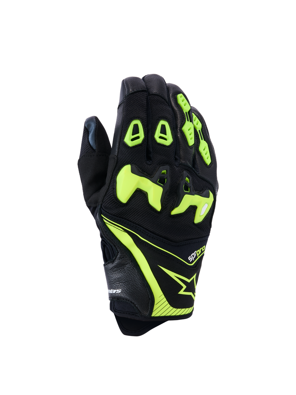Alpinestars SP-R Pro handschoenen, motorracehandschoenen, zwart en neongeel, met gedeelde TPU-knokkelbescherming, geperforeerd leer en textielconstructie, felle neonaccenten met Alpinestars-logo en sp-r pro-branding op de manchet
