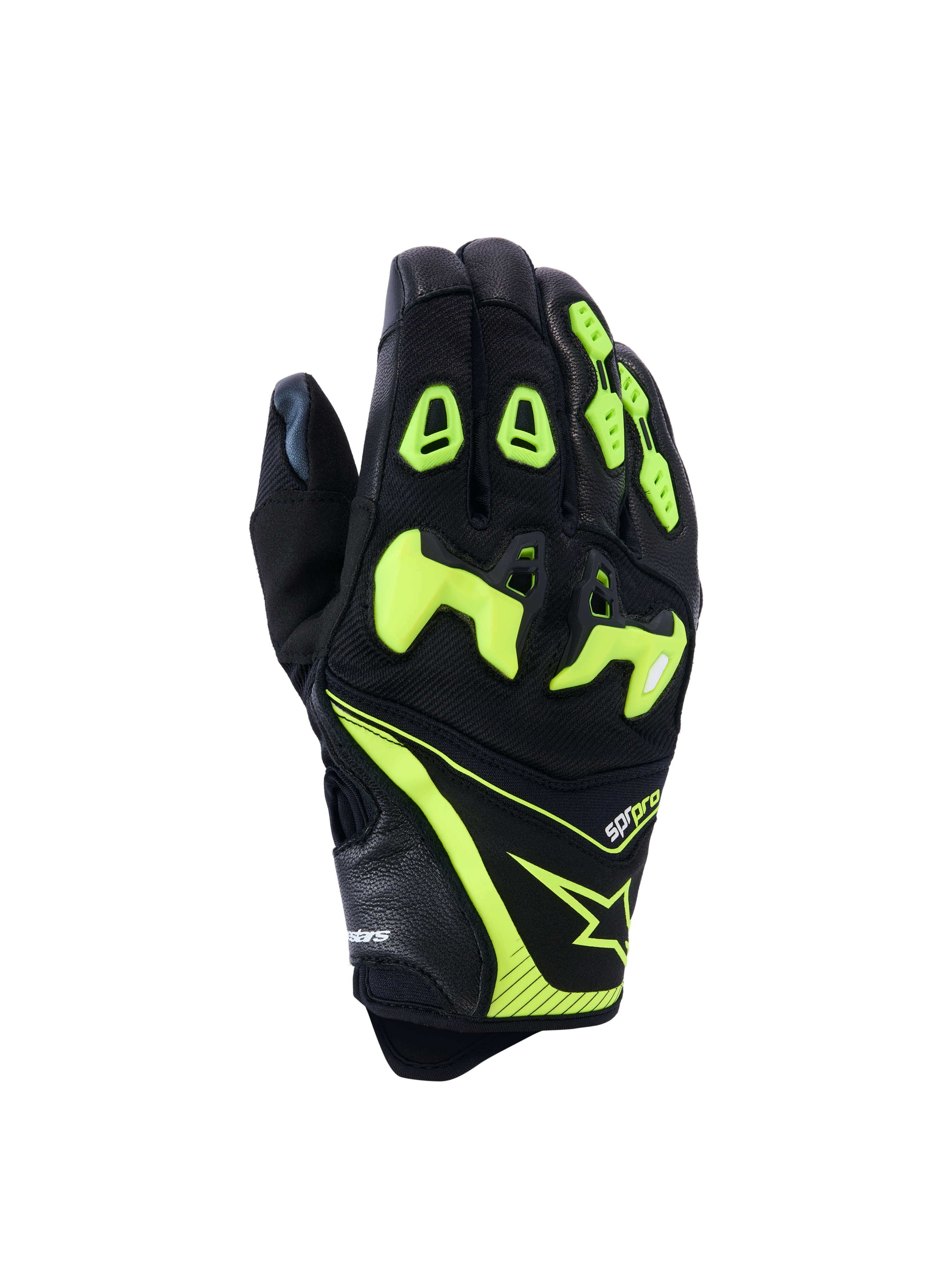 Alpinestars SP-R Pro handschoenen, motorracehandschoenen, zwart en neongeel, met gedeelde TPU-knokkelbescherming, geperforeerd leer en textielconstructie, felle neonaccenten met Alpinestars-logo en sp-r pro-branding op de manchet