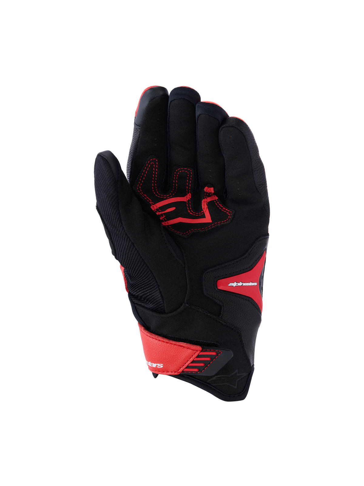 Alpinestars SP-R Pro handschoenen, sport motorhandschoenen, felrood, fluo rood en zwart, handpalmaanzicht met versterkte lederen handpalm met rood contraststiksel, textiel chassis en verstelbare polssluiting.