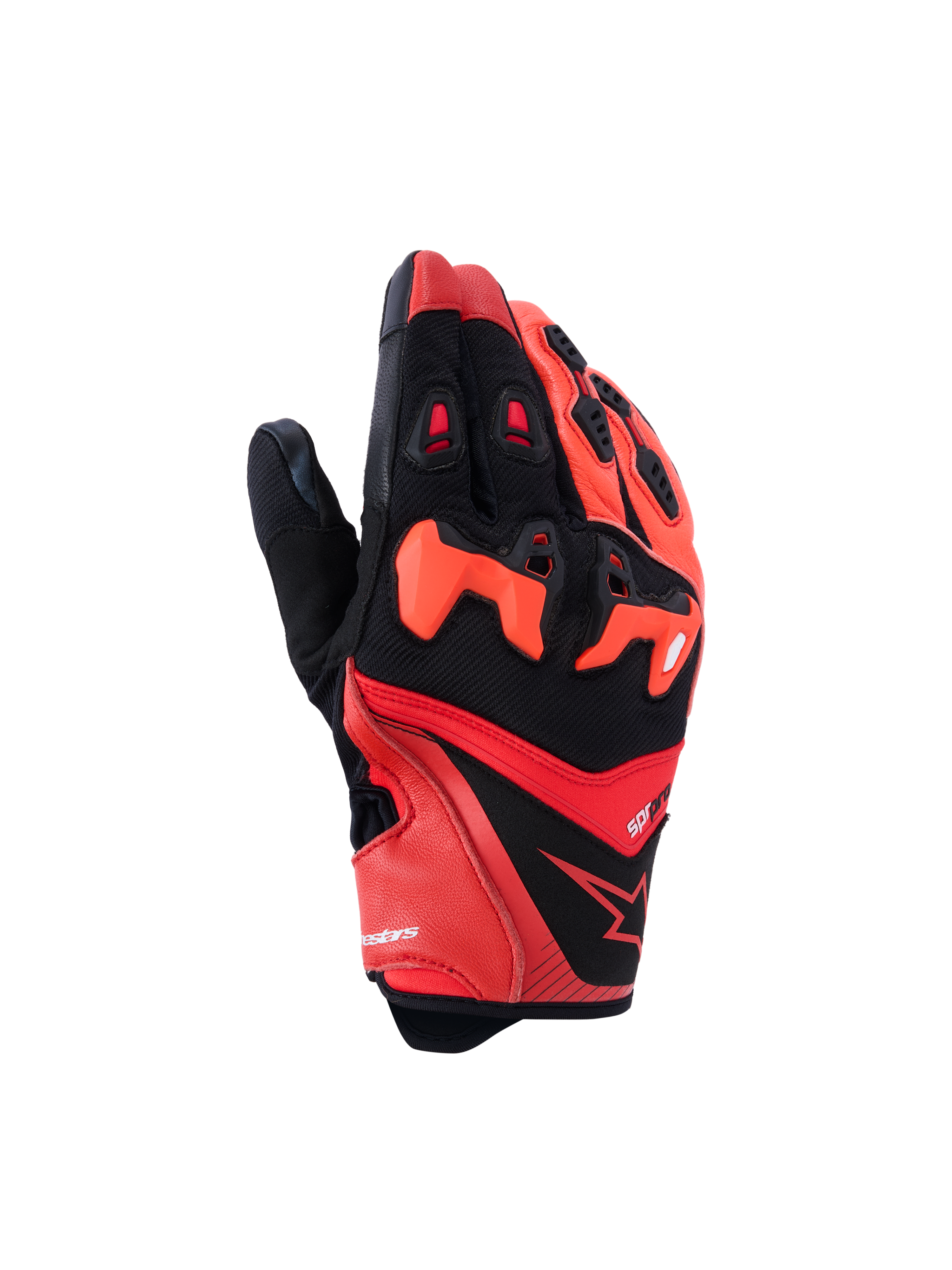 Alpinestars SP-R Pro handschoenen, sportieve motorhandschoenen, felrood, fluo rood en zwart, voorzien van verdeelde TPU-knokkelbescherming, geperforeerde leren vingers voor ventilatie, strak ontwerp van geitenleer en textiel met het Alpinestars sterlogo.