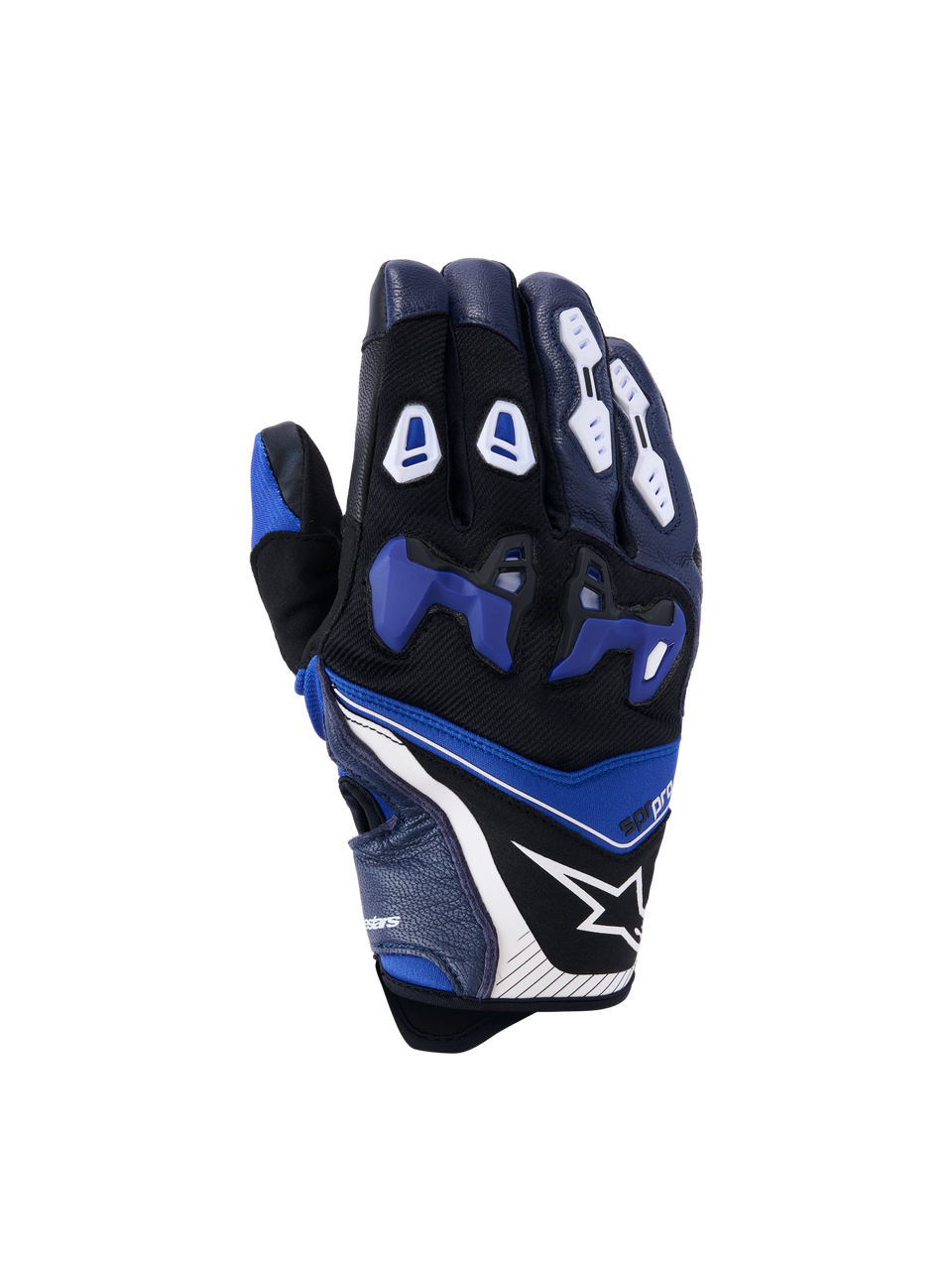 Alpinestars SP-R Pro handschoenen, motorracehandschoenen, helderblauw, marineblauw en wit, bovenaanzicht van de handrug met blauwe verdeelde TPU-knokkelbeschermer, witte vingerbeschermers, Alpinestars sterlogo en kort manchetontwerp