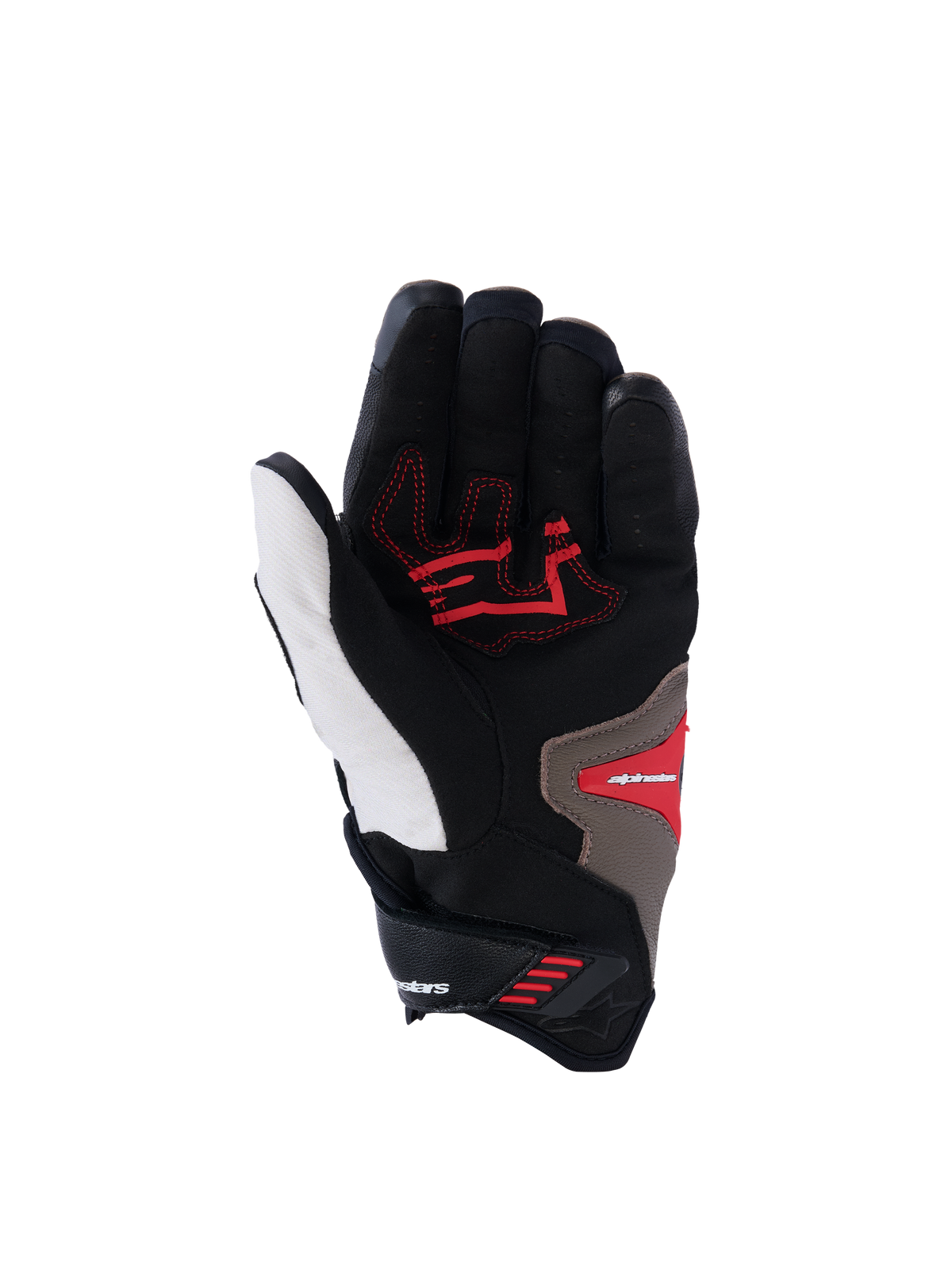 Alpinestars SP-R Pro handschoenen, handpalmweergave, Walnut Mastic Black kleurstelling, met rode grip-inzetstukken op een zwarte en witte basis met tan accenten, korte sport-motorhandschoenen met versterkte handpalm en ergonomisch ontwerp