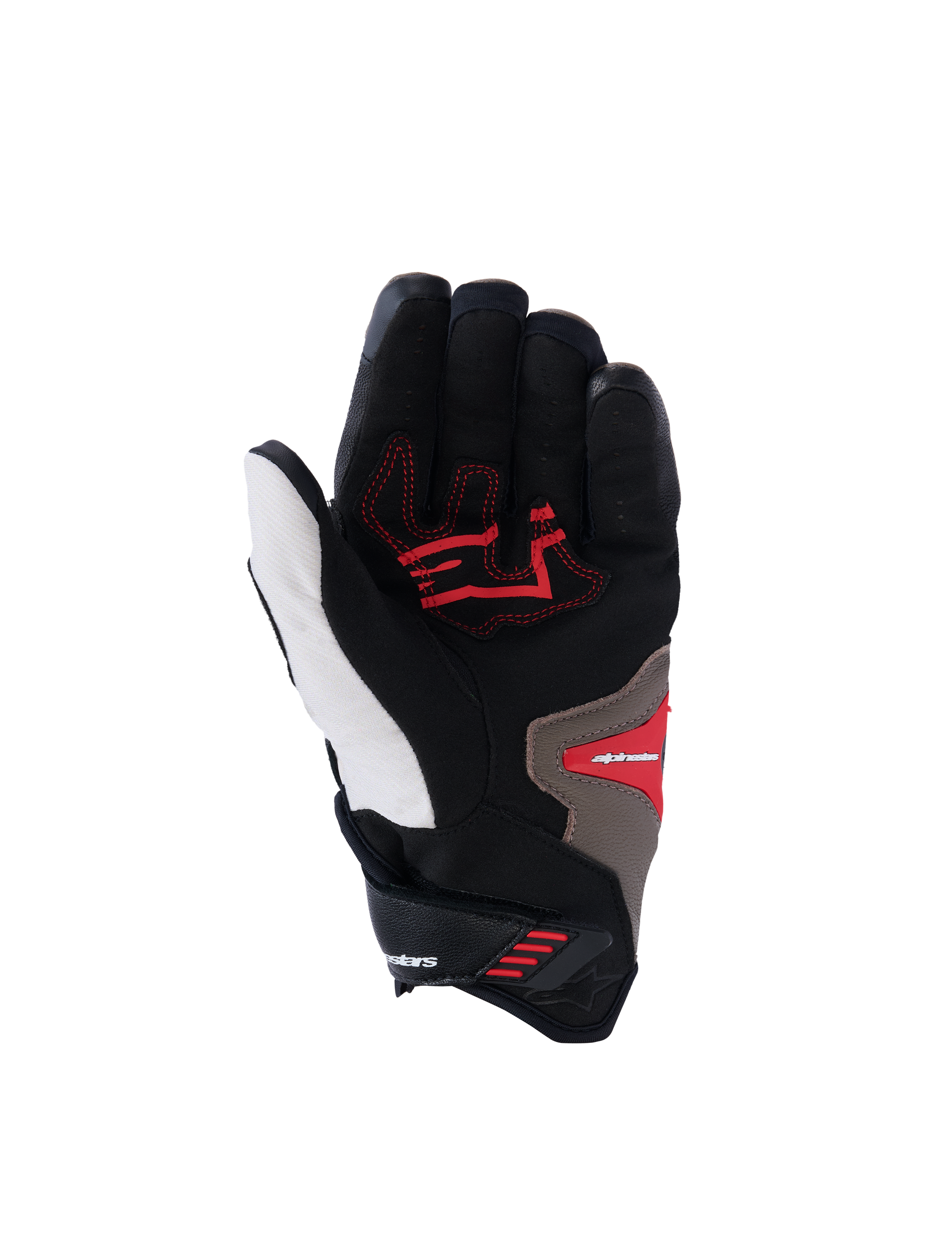 Alpinestars SP-R Pro handschoenen, handpalmweergave, Walnut Mastic Black kleurstelling, met rode grip-inzetstukken op een zwarte en witte basis met tan accenten, korte sport-motorhandschoenen met versterkte handpalm en ergonomisch ontwerp