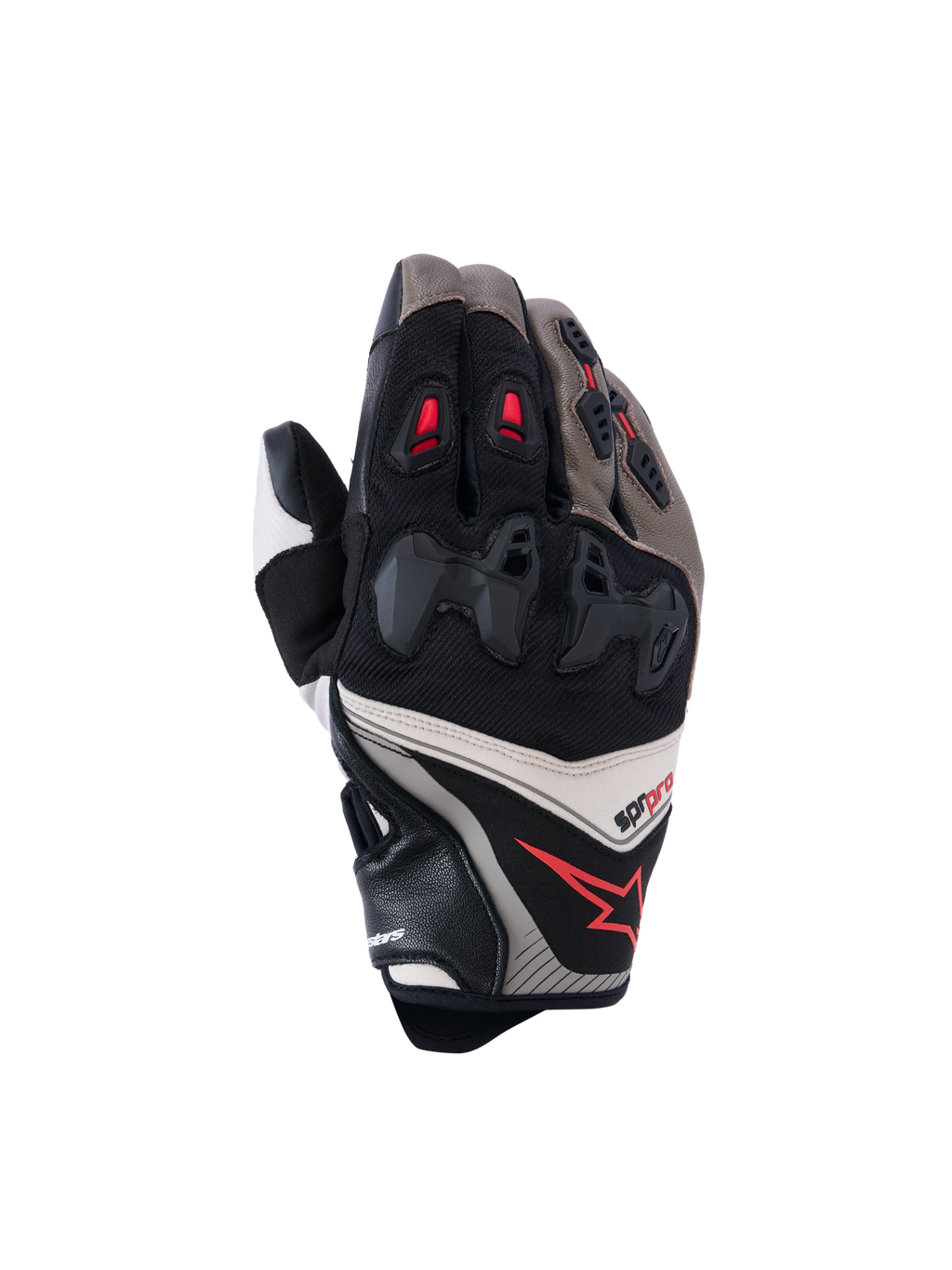 Alpinestars SP-R Pro motorhandschoenen, racehandschoenen, walnut, mastic en zwart met rode accenten, voorzien van verdeelde harde knokkelbescherming, constructie van leer en textiel, sportief prestatiegericht ontwerp