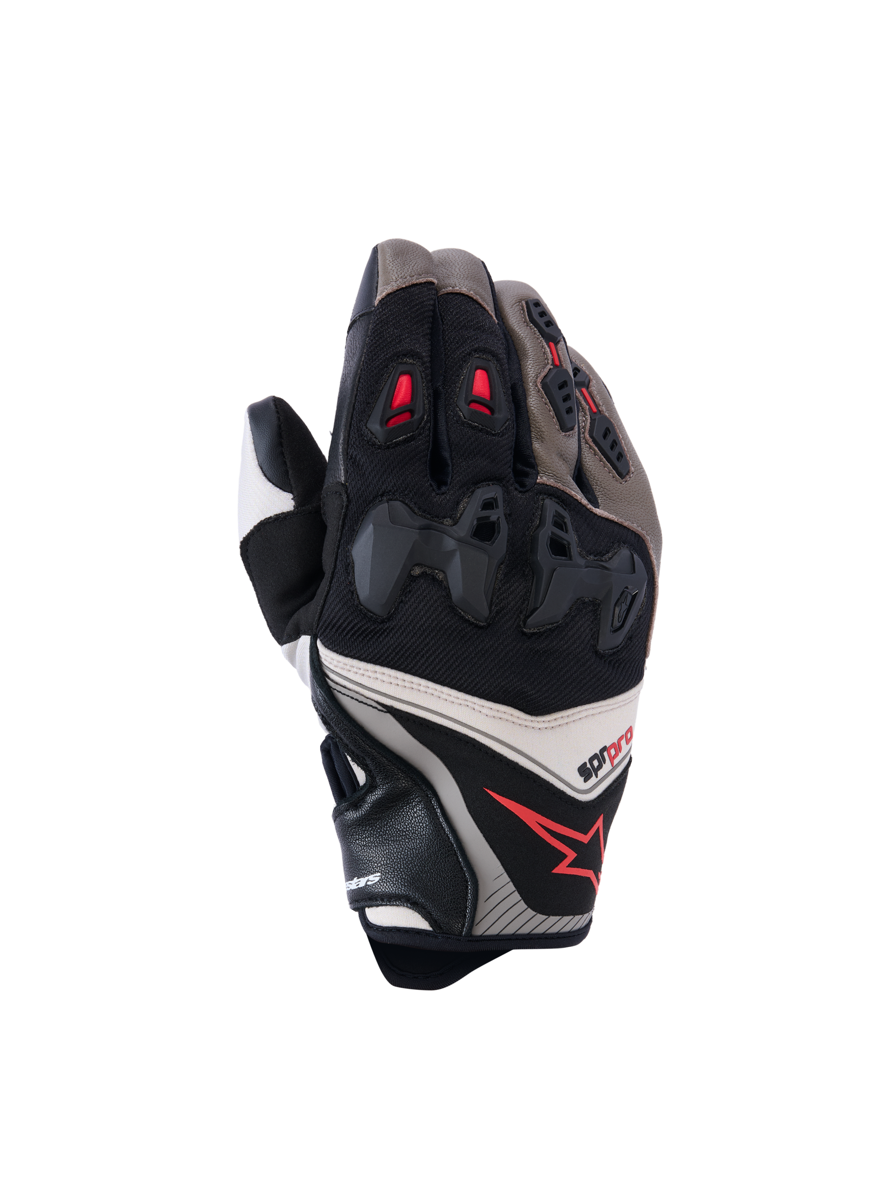 Alpinestars SP-R Pro motorhandschoenen, racehandschoenen, walnut, mastic en zwart met rode accenten, voorzien van verdeelde harde knokkelbescherming, constructie van leer en textiel, sportief prestatiegericht ontwerp