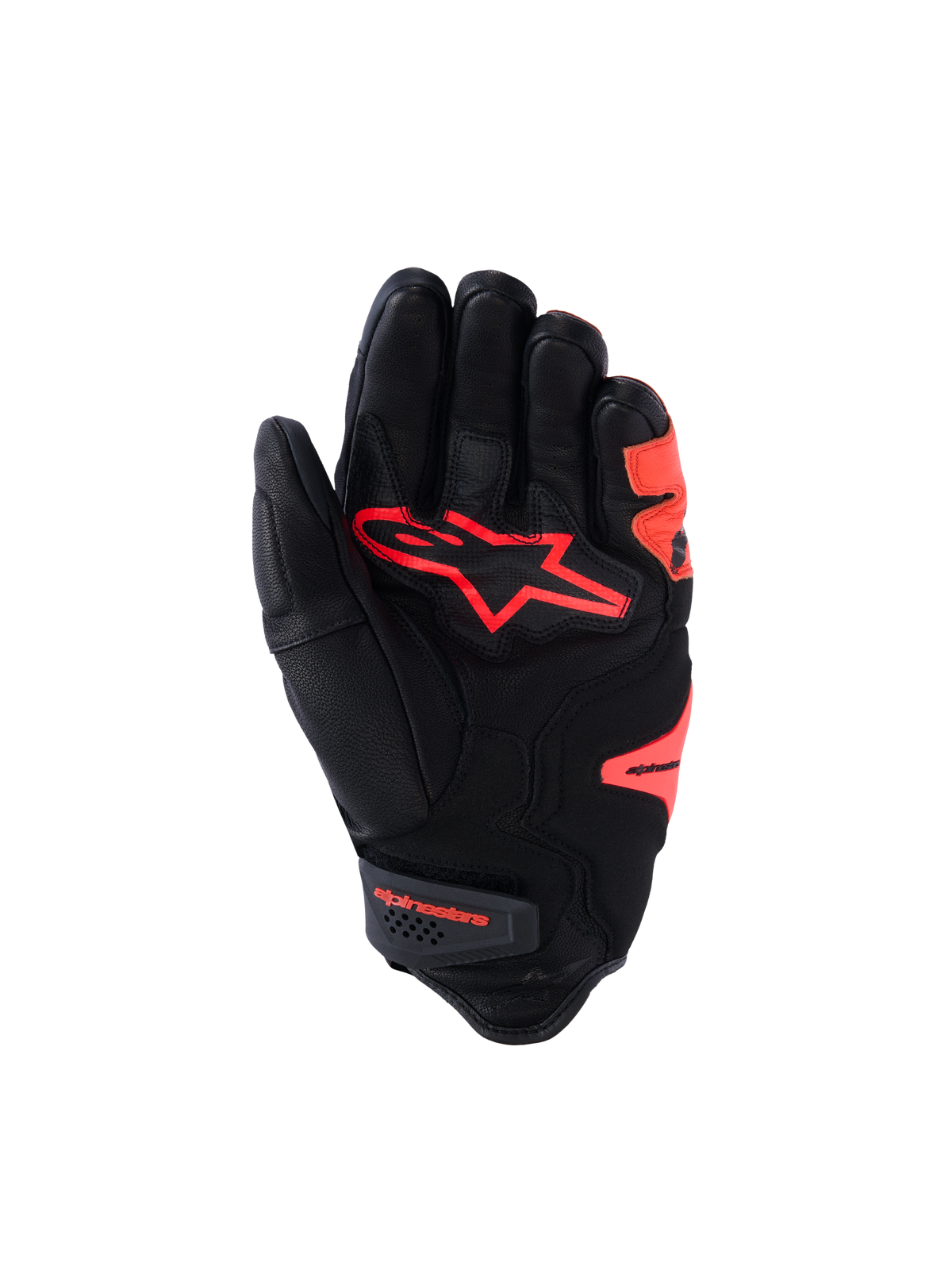 Alpinestars SP-R Tech motorhandschoen, korte manchet, zwart en rood-fluorescerend geitenleer, beschermende knokkel en versterkte handpalm