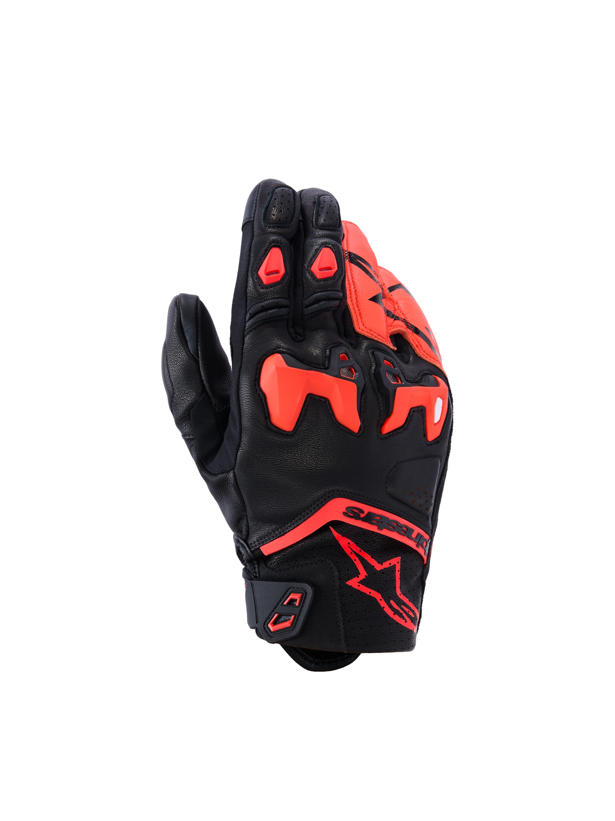 Alpinestars SP-R Tech handschoenen, motorhandschoenen, zwart met fluorood, met gedeelde TPU-knokkelbescherming en geperforeerde leren panelen, sportief ontwerp met kort manchet en rood Astars-logo