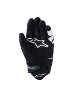 Alpinestars SP-R Tech handschoenen, zwart en wit, palmweergave met versterkte lederen constructie, groot wit Alpinestars-logo op de handpalm en een korte manchet met klittenbandsluiting met merknaam, sport- en racemotorhandschoenen