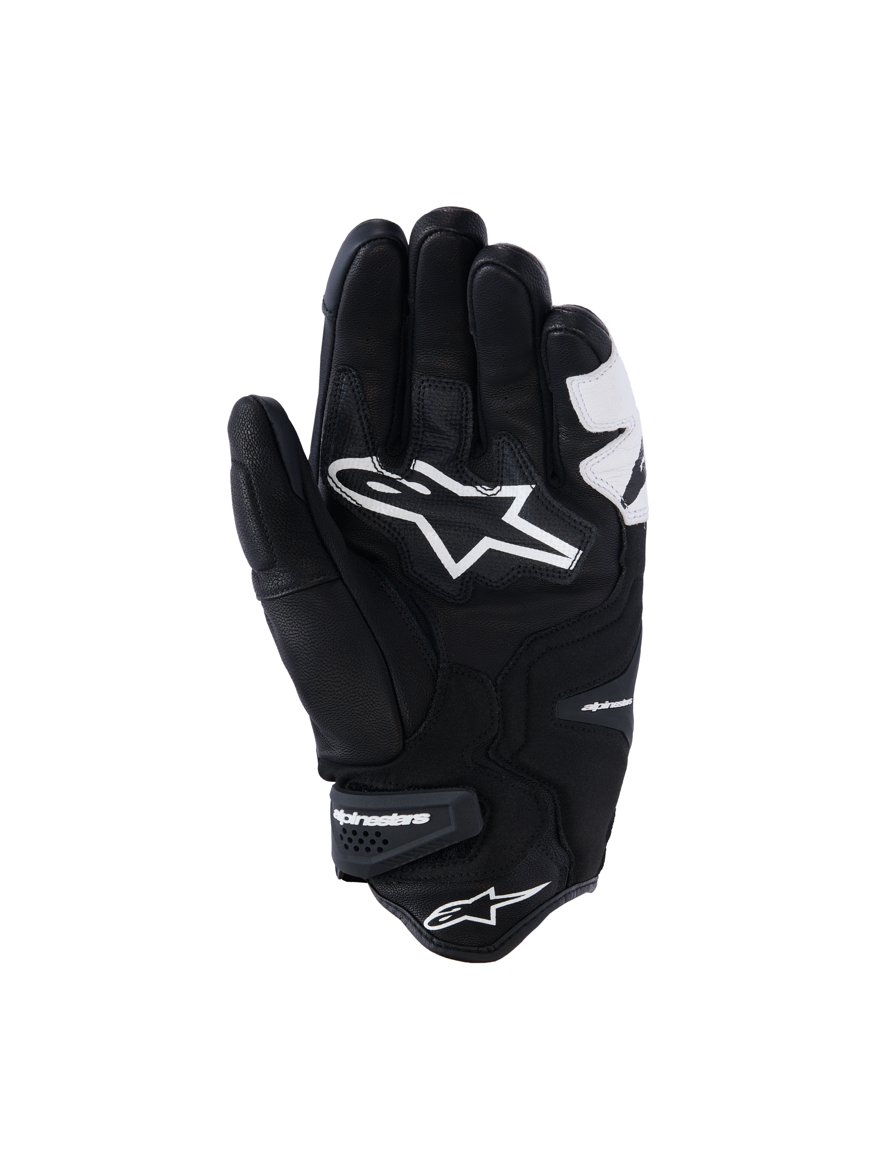 Alpinestars SP-R Tech handschoenen, zwart en wit, palmweergave met versterkte lederen constructie, groot wit Alpinestars-logo op de handpalm en een korte manchet met klittenbandsluiting met merknaam, sport- en racemotorhandschoenen