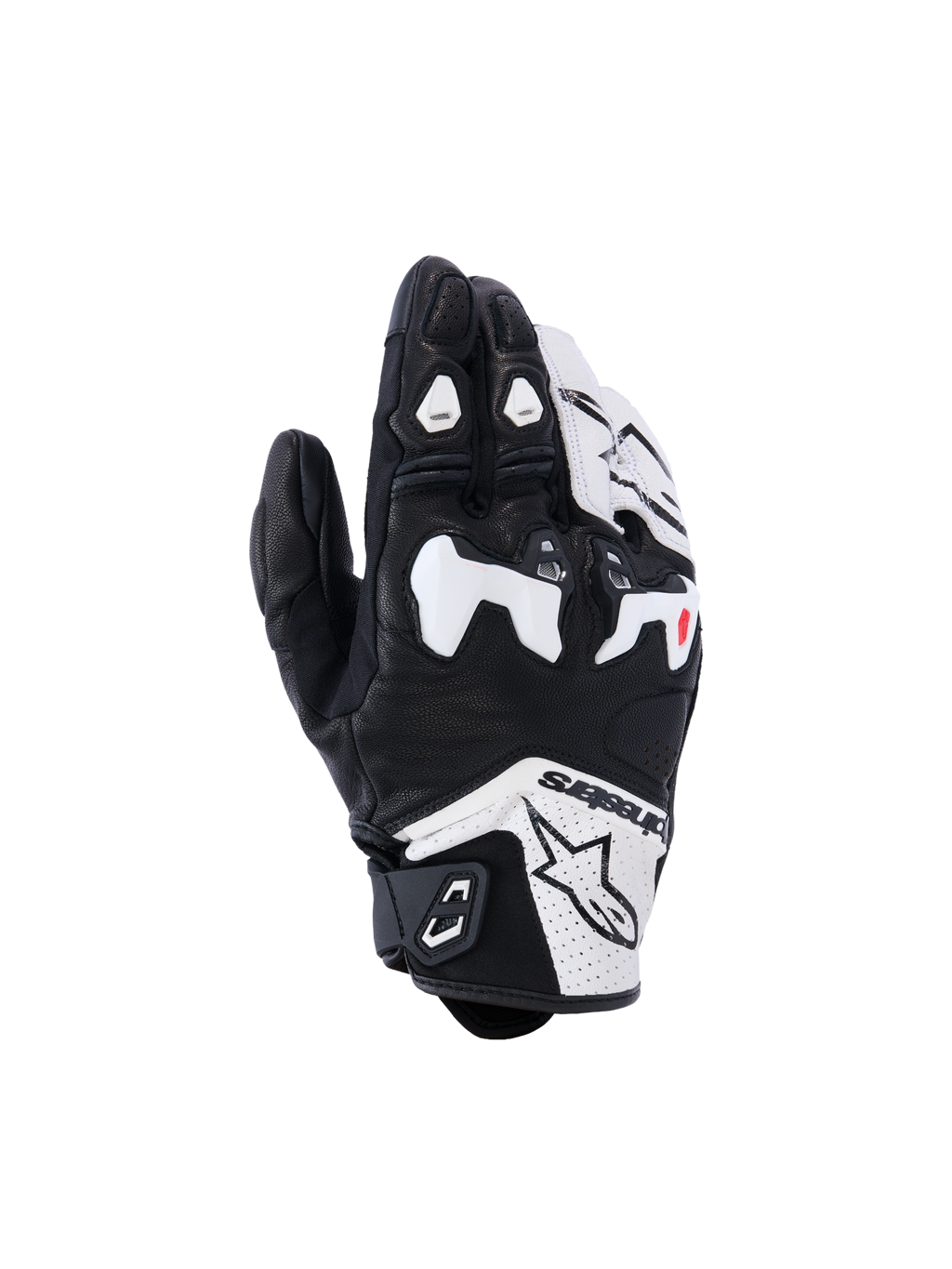 Alpinestars SP-R Tech handschoenen, motorracehandschoenen, zwart en wit, met witte TPU verdeelde knokkelbeschermer, geperforeerde lederen constructie, Alpinestars-branding op de manchet en rode vingeraccenten, sportief ontwerp met korte manchet