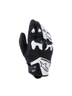 Alpinestars SP-R Tech handschoenen, motorracehandschoenen, zwart en wit, met witte TPU verdeelde knokkelbeschermer, geperforeerde lederen constructie, Alpinestars-branding op de manchet en rode vingeraccenten, sportief ontwerp met korte manchet